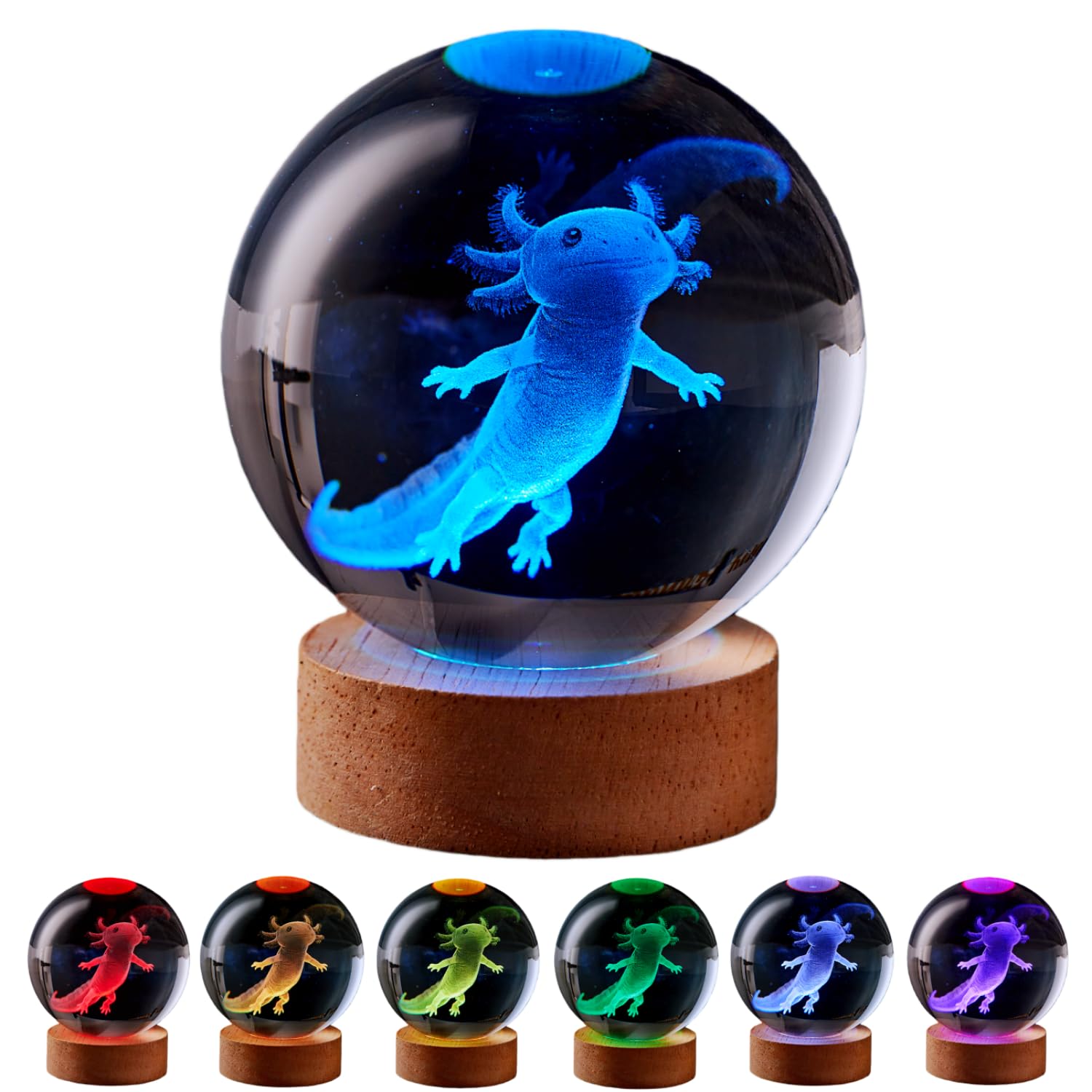 LGY3DLight 3D Crystal Ball Lamp with Remote Control, 3.15 inch Crystal Night Light with Wooden Base 16 Colors Change, Glass Figurine Lamp Gift for Girls Boys Wife Girlfriend Mom (Axolotl B)