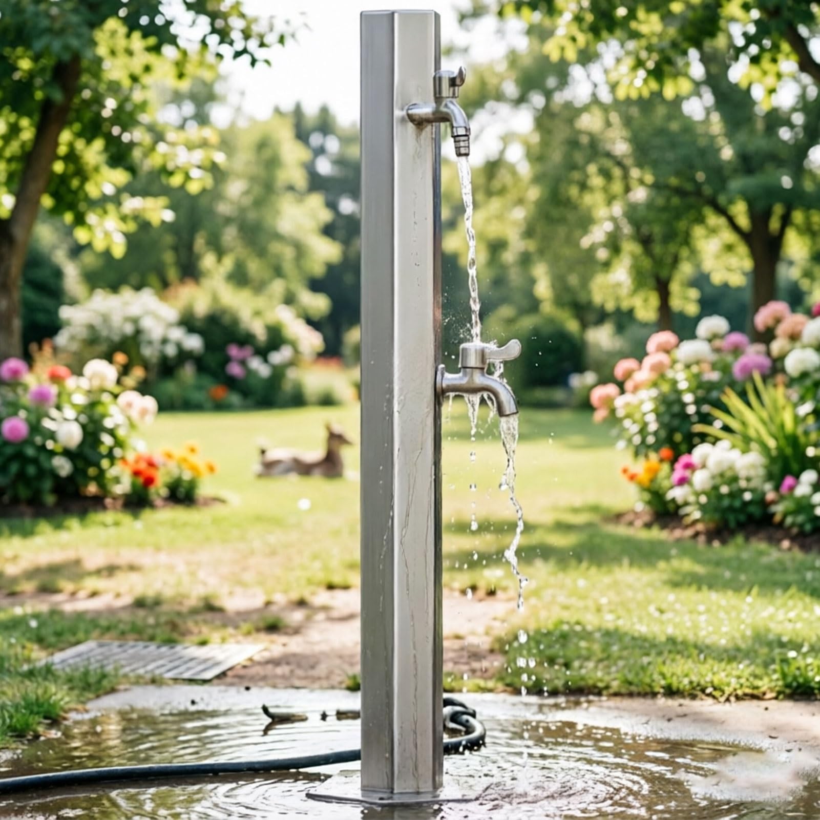 Sxbhdm One Color 304 Stainless Steel Vertical Garden Water Column, Freestanding Hose Stand With Double Faucet, Outdoor Antifreeze Faucet Dispenser, Hydrant Water Feature Fountain
