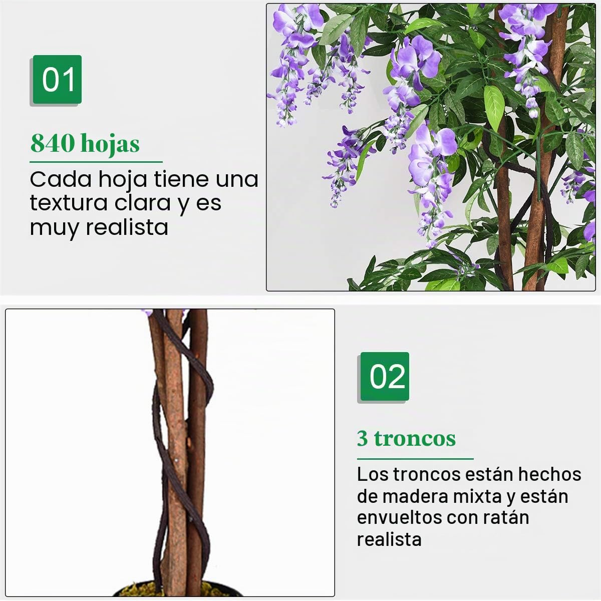GOPLUS Planta Artificial Ficus Benjamin/Wisteria árbol/Phoenix Palm, árbol Artificial con Flores de 150 cm de Alto, Plantas Artificiales en Maceta, Plantas de Interior Artificiales harina de plástico