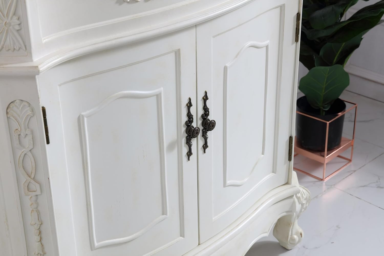 32 Single Bathroom Vanity, with Engineered Marble Top Soft-Close, Antique White