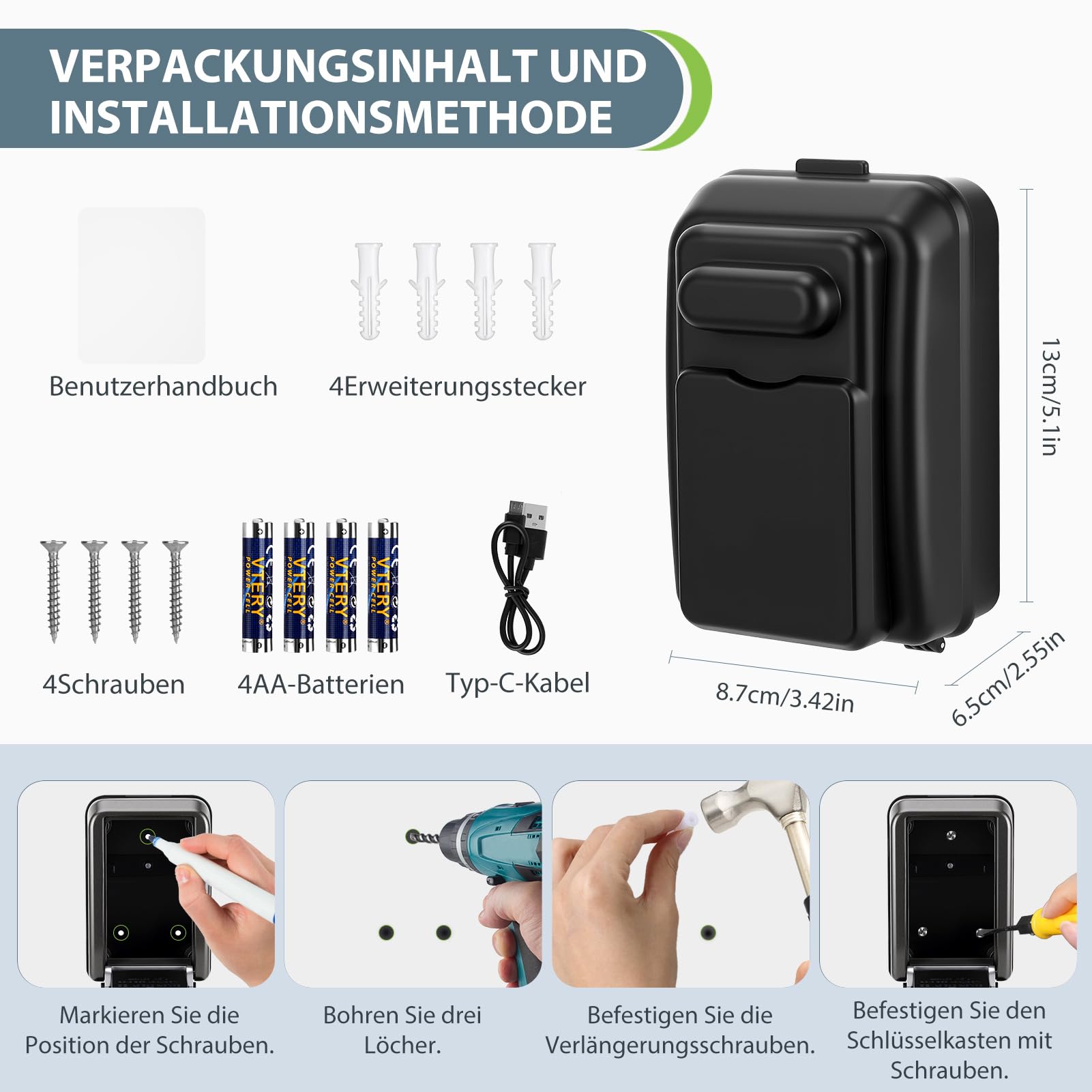 Schlüsseltresor mit Zahlencode 6 Stellig, Wasserdichter Schlüsselkasten für Außen, Wandbefestigter Schlüsselsafe Grau