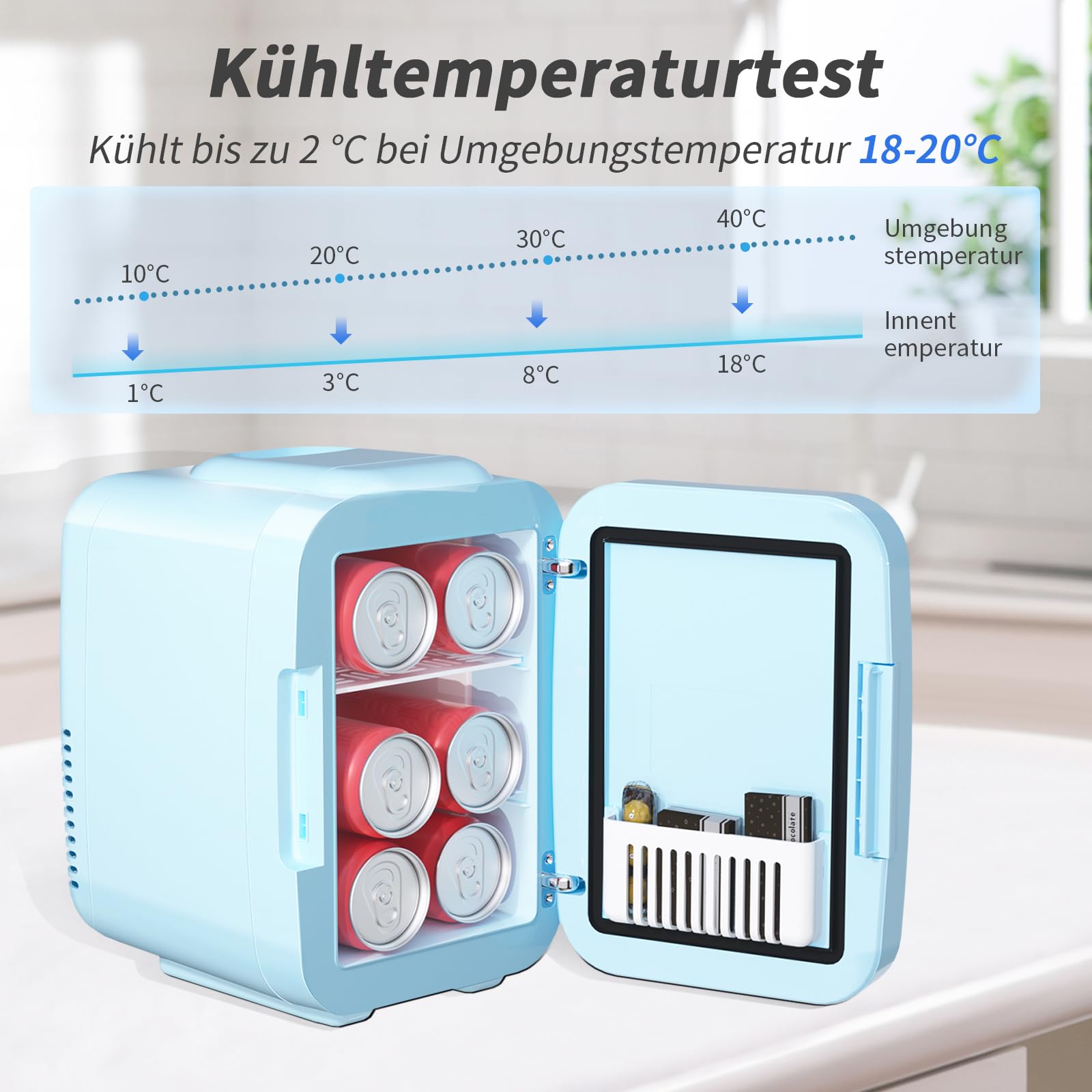YASHE Mini Kühlschrank, Skincare-Kühlschrank mit LED-Lichtspiegel, 4-Liter-Kleinkühlschrank tragbar, 220V AC / 12V DC Thermoelektrische Heizung und Kühlung für Auto, Büro, Wohnheim (Blau)