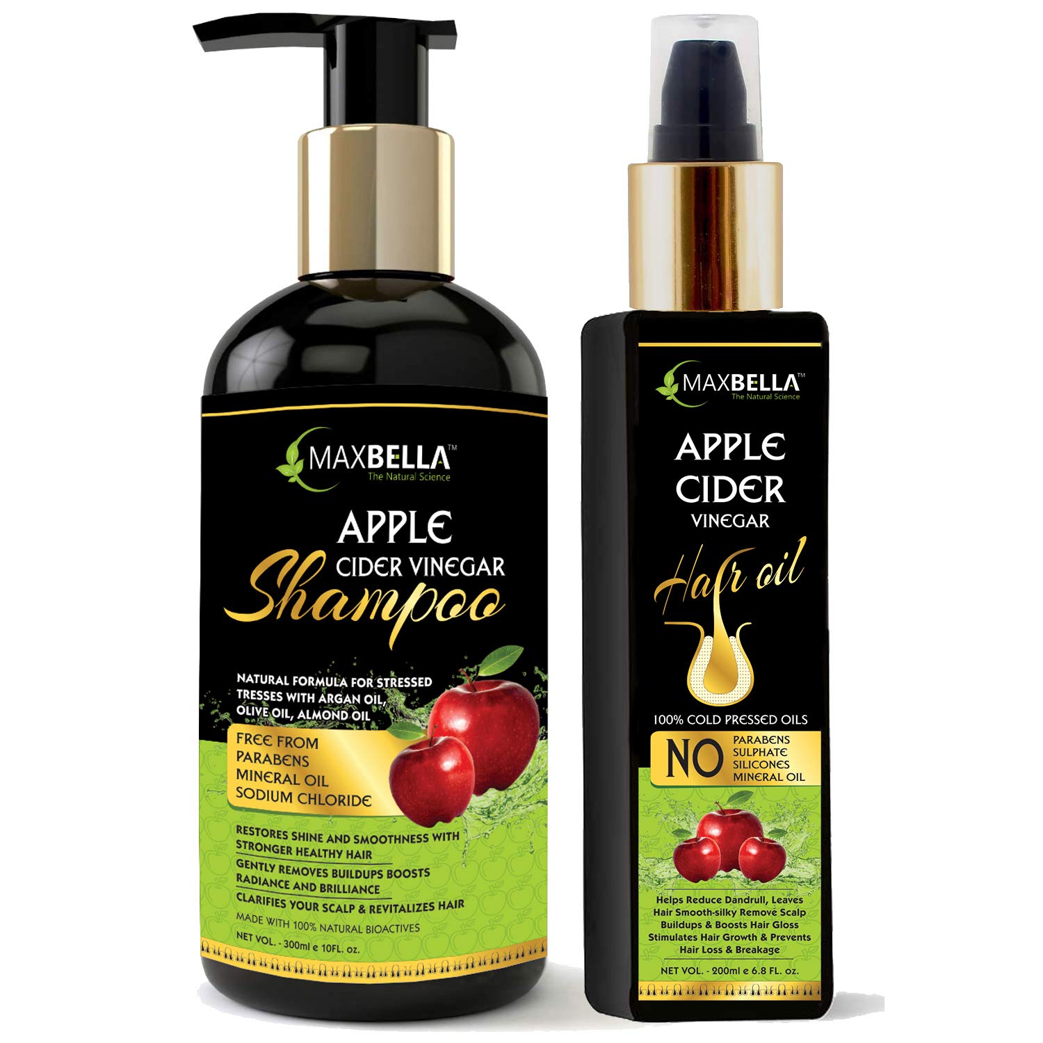 Apple Cider Vinegar Hair Shampoo 300ml & Apple Cider Vinegar Hair Oil 200ml No Paraben & Mineral Oil-for Men and Women Combo (2 Items in the set)