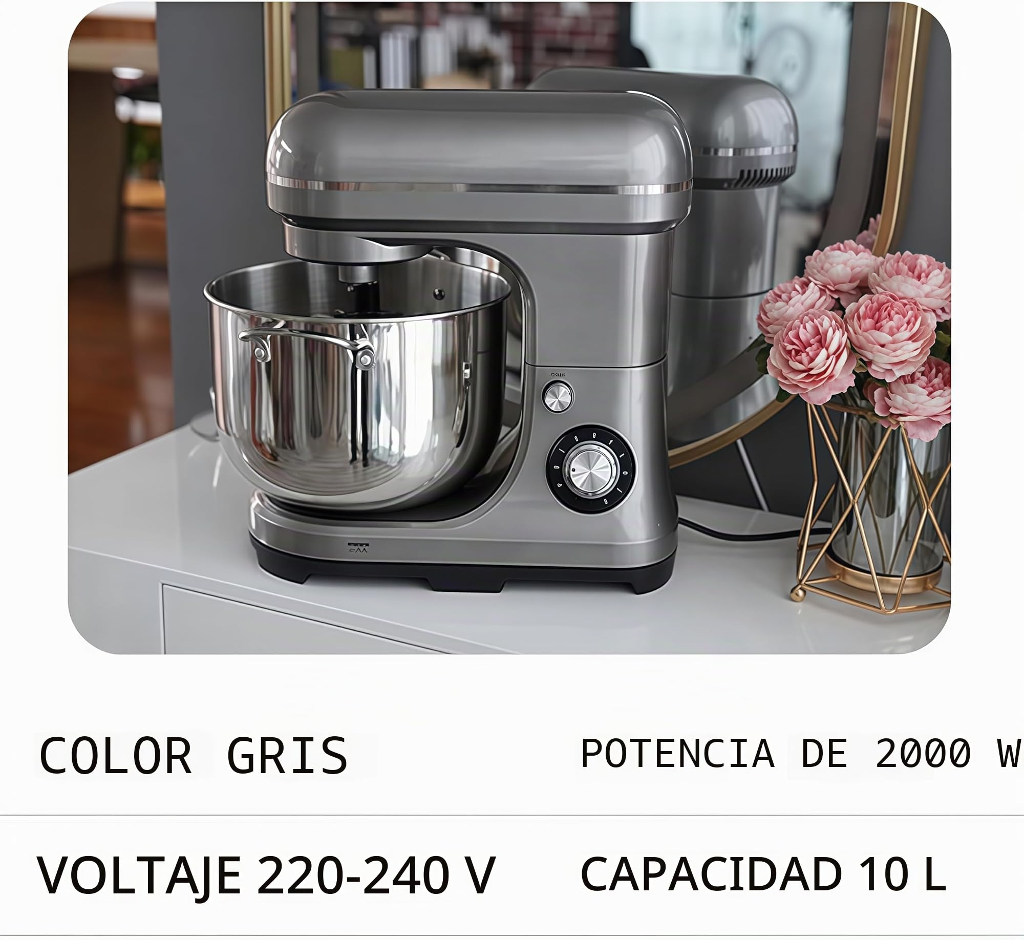 Genérico 2000W Comercial de Alimentos, para escuelas, panaderías, restaurantes, pizzerias, con Gancho de Masa+Gancho de Mezcla+batidora de Huevos, 10 litros de Gran Capacidad, 8 Engranajes