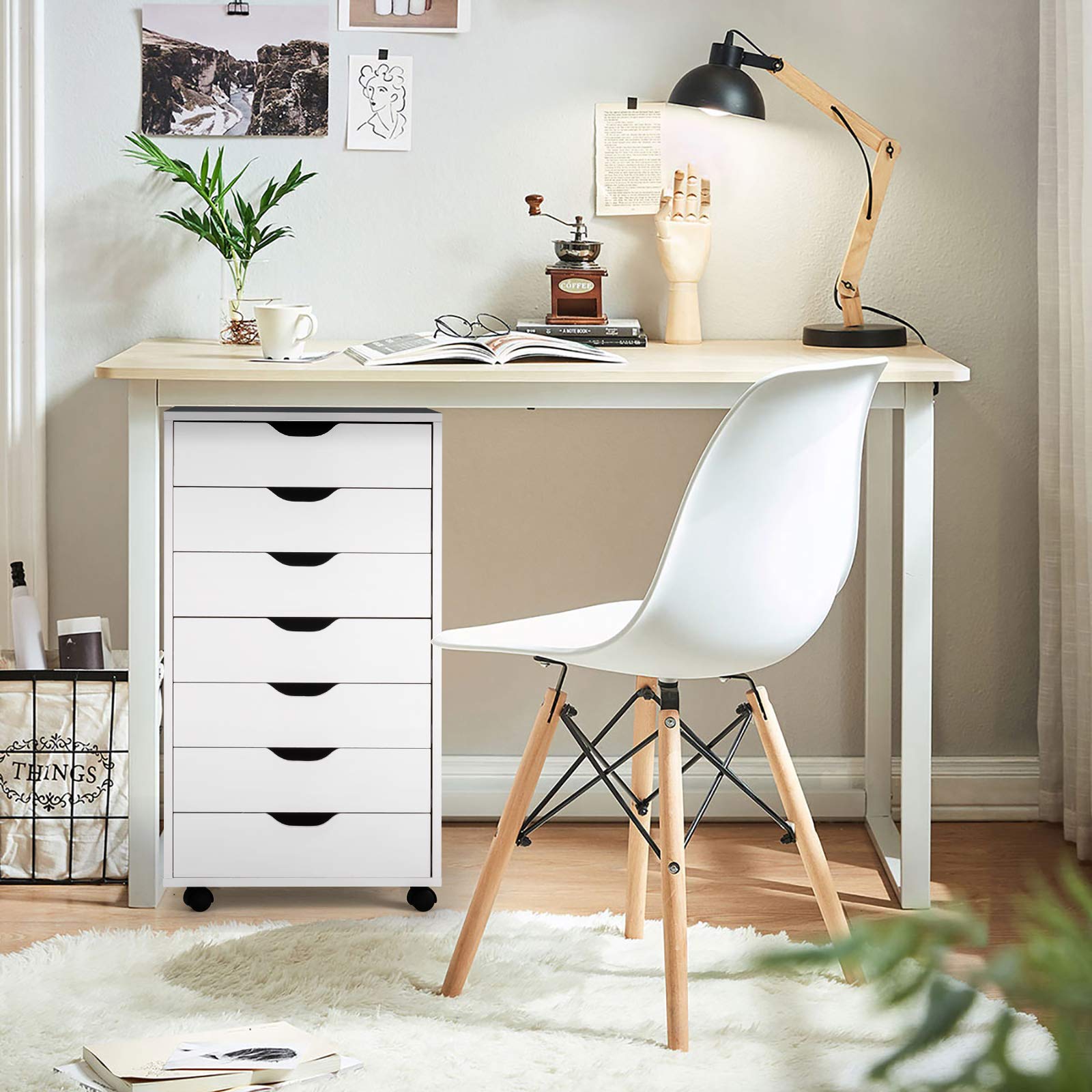 KOMFOTTEU Armoire de Classement avec 7 Tiroirs, Caisson de Rangement Mobile avec 2 Roulettes verrouillées, Classeur de Dossiers en Bois, pour Bureau, Salon, 49 x 40 x 87 cm (Blanc)