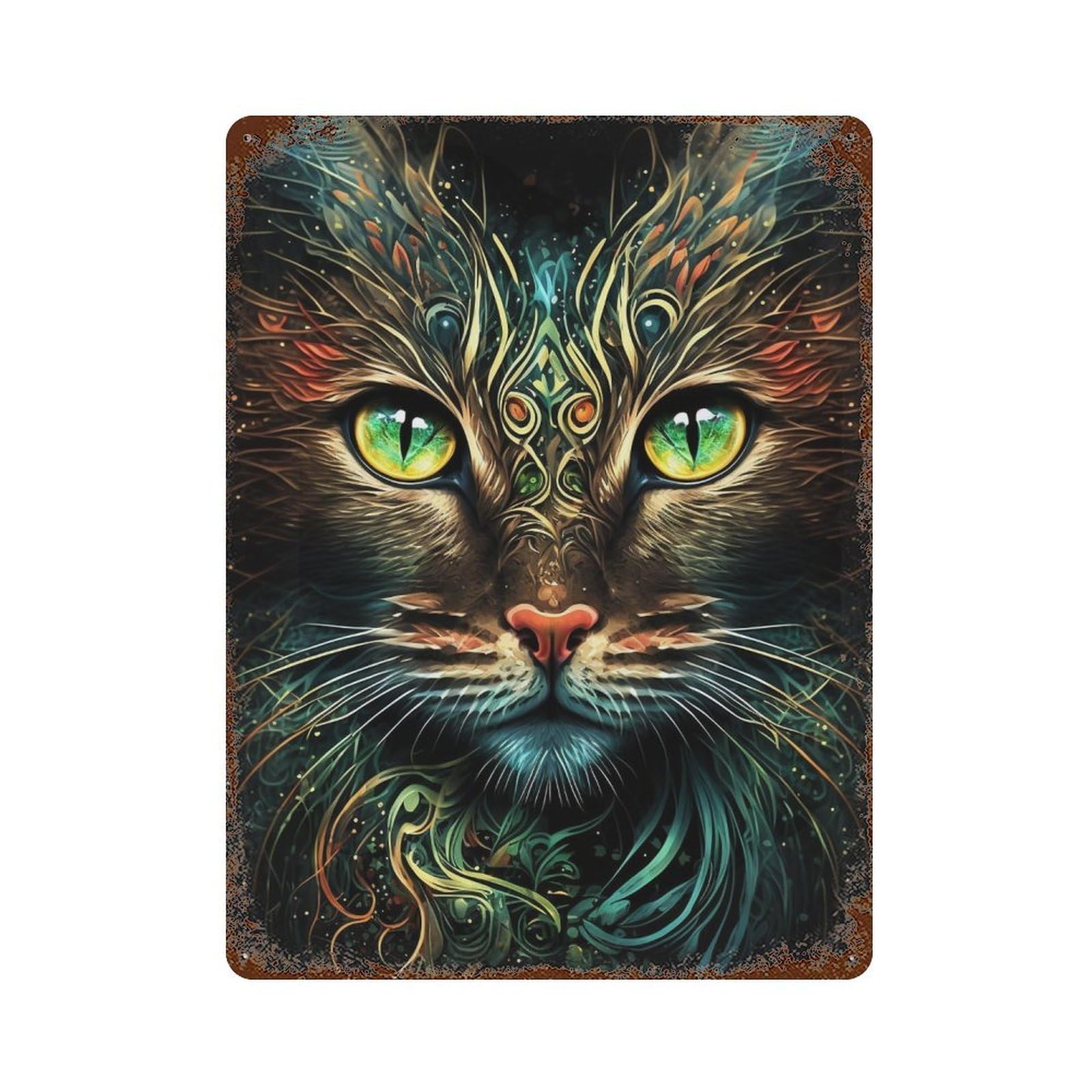 Garage Style Fantasy Cat Artwork Distressed Metal Wall Sign 15.7"x11.8", Rustic Home Decor for Bar And Workshop