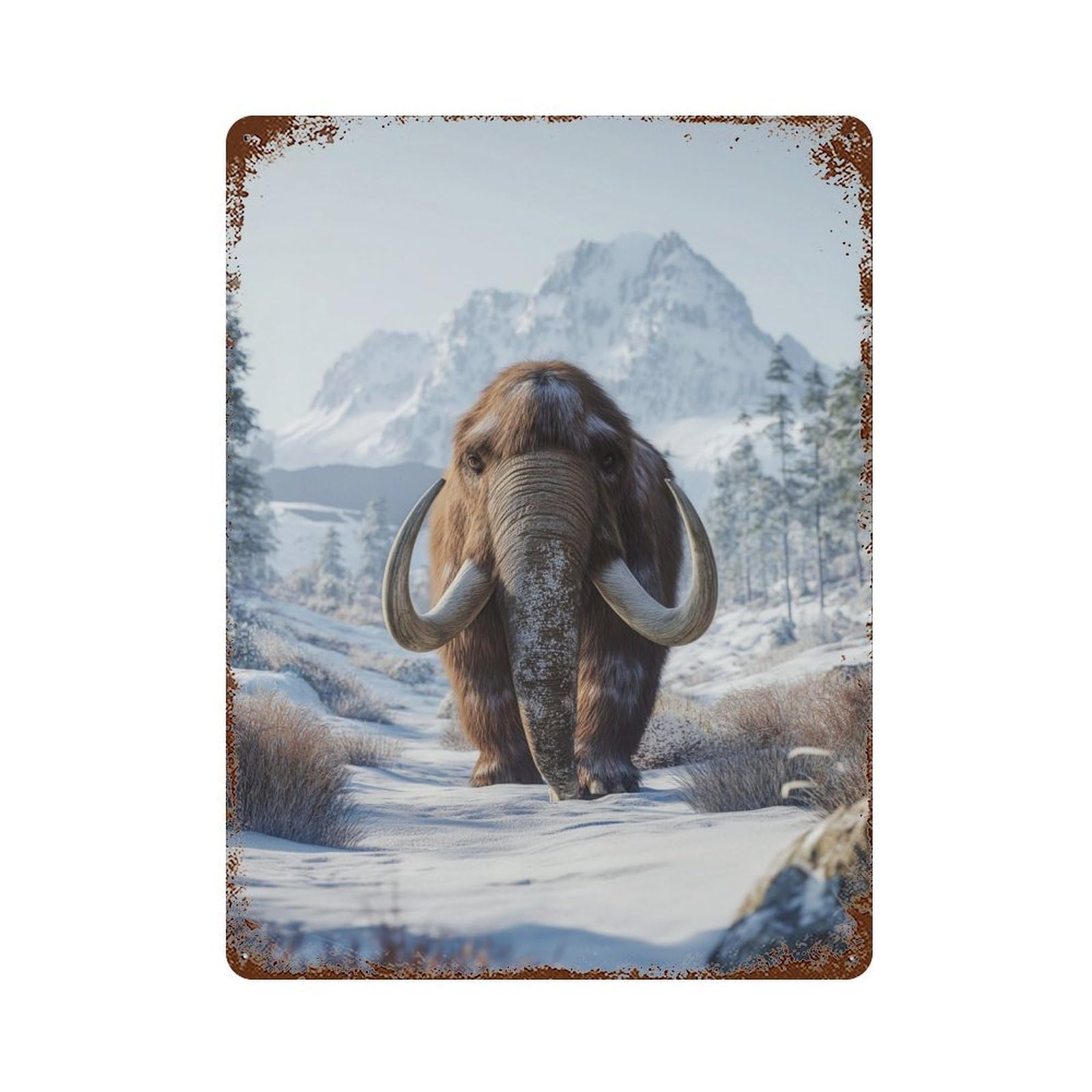 Rust Effect Woolly Mammoth in Snowy Landscape Rusty Metal Tin Sign 15.7"x11.8", Farmhouse Wall Decor for Shed, Workshop And Garage Wall Decor