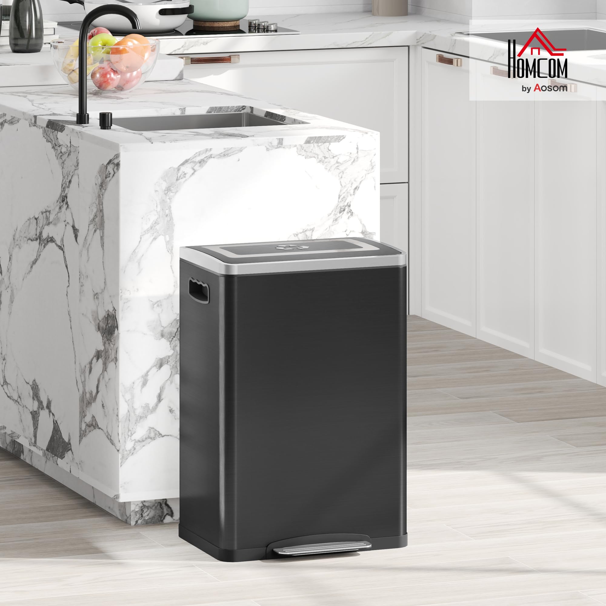 HOMCOM Poubelle de Cuisine à Pédale Double Compartiment 2 x 20L Noir | 2 Seaux Intérieurs Amovibles, Couvercle à Fermeture en Douceur et Poignées Intégrées, Anti-traces, Acier Inoxydable
