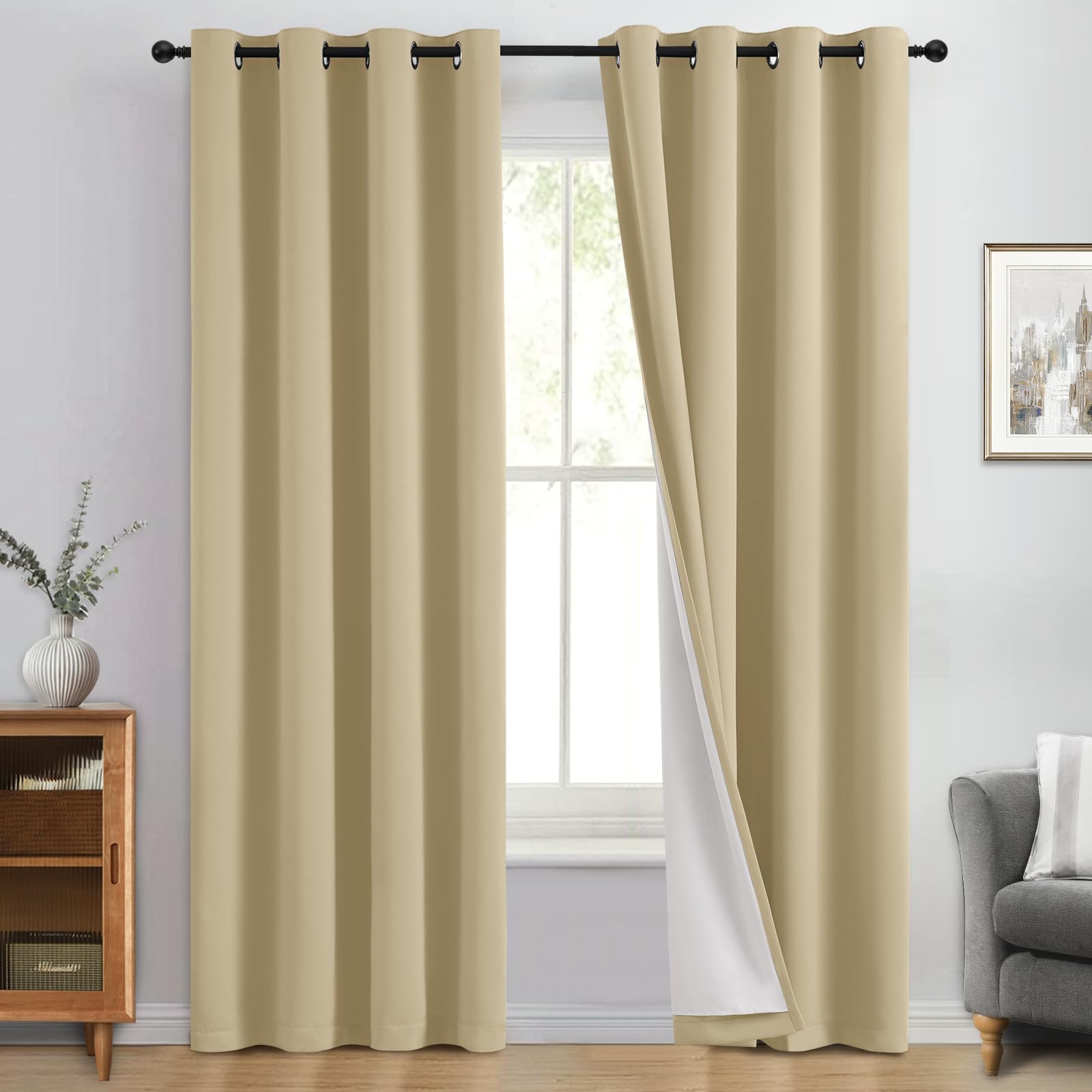 Yakamok Beige 100% Blackout Curtains 84 Inches Long for Bedroom 50" Wide โ image 1