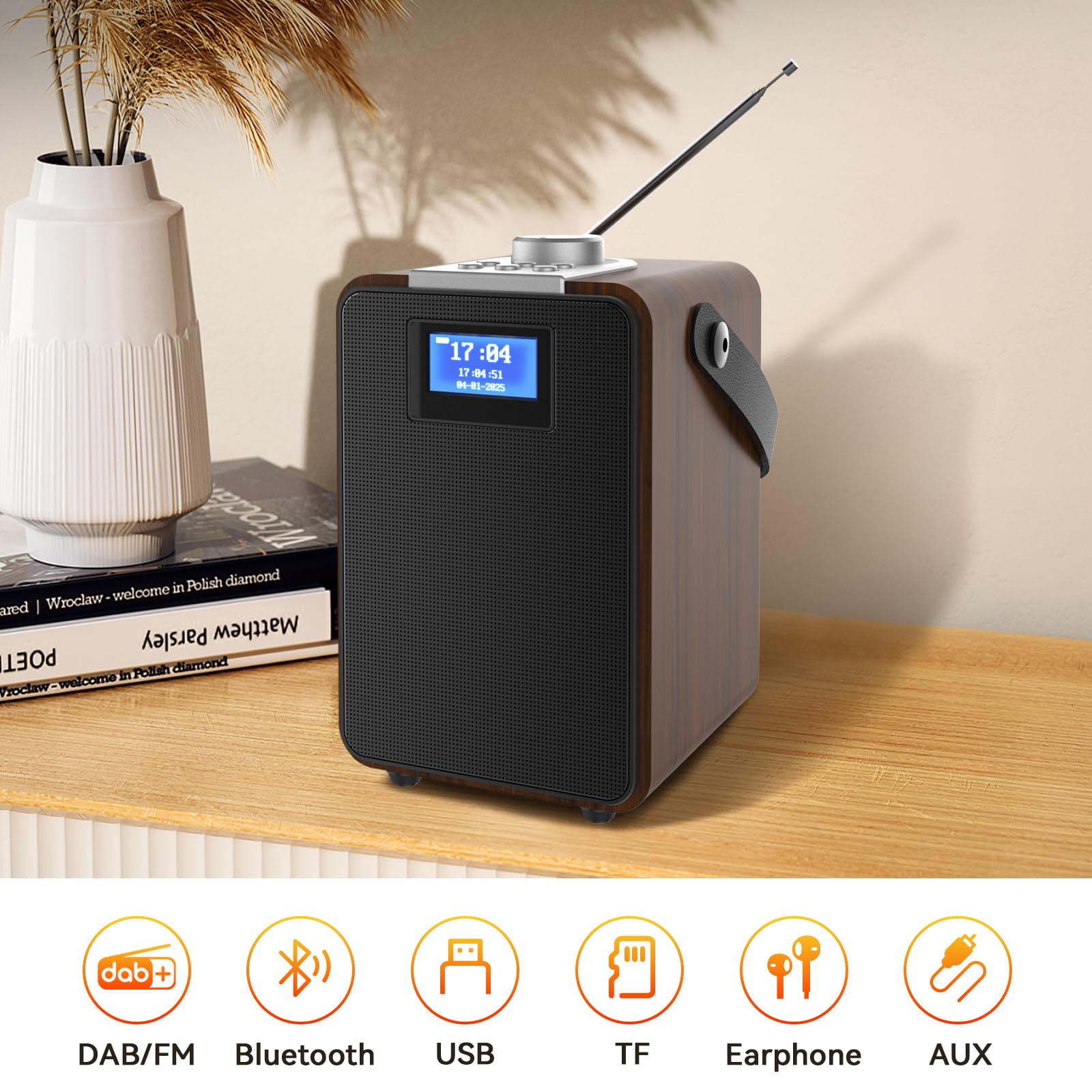 MONODEAL DAB Radio With Bluetooth, Two Alarm Clocks, Rechargeable DAB Plus/Dab Radio, Small, Kitchen Radio With Headphone Jack