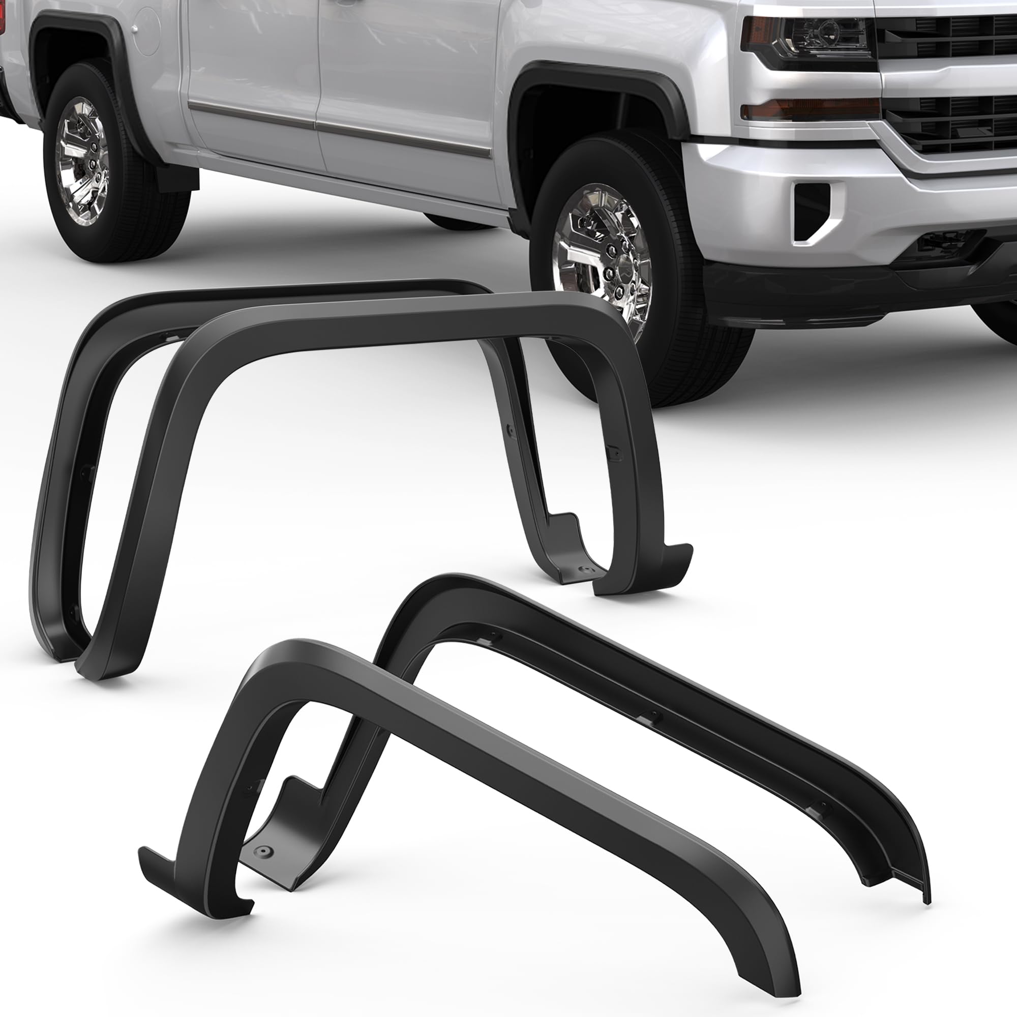 KUIPERAUTO Black OE Fender Flares Compatible with 2014-2019 Chevrolet Silverado 1500 2500 3500HD 97.6" 78" Fleetside Bed Long Factory Wheel Flare