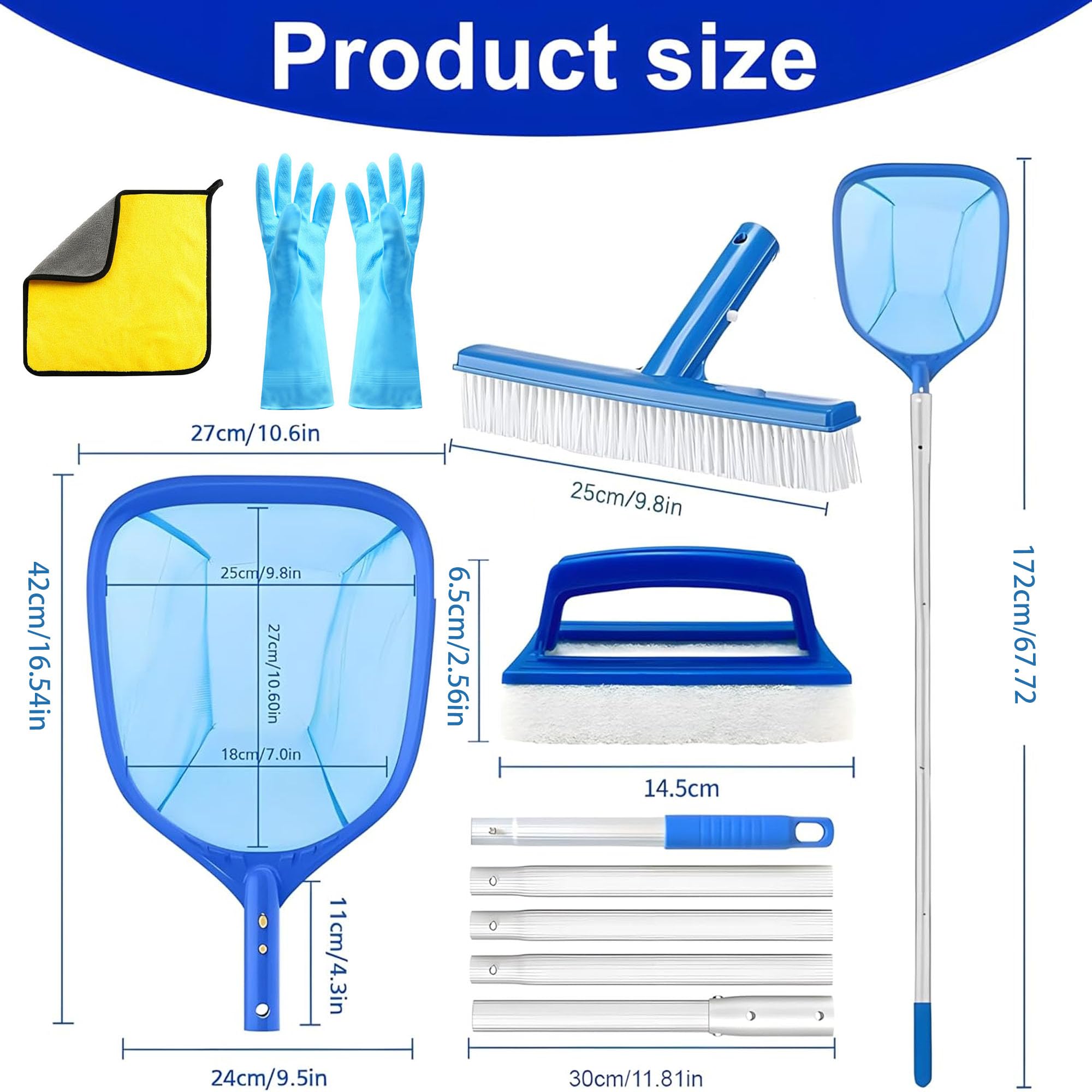 Épuisette de Piscine à Mailles Fines 172 cm de Long,Épuisettes de Surface pour Piscine,Kit Nettoyage avec Brosse de Piscine et Chiffon,pour Spas, Fontaine, Étang Nettoyage