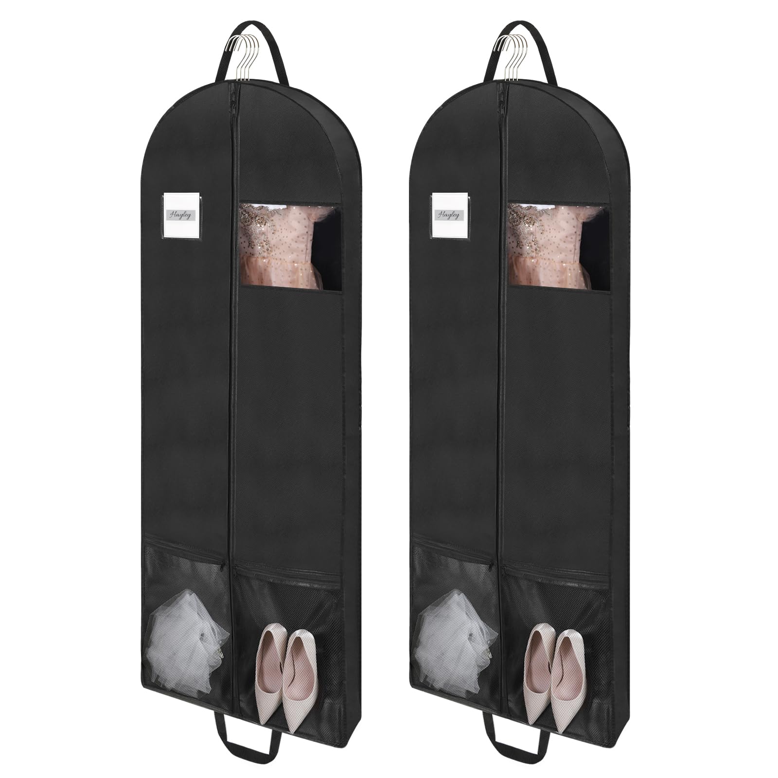 Belinlen 2pack 65" Long Garment Bags for Dress Travel Garment Bag with 4" Gusseted Dress Cover with 2 Mesh Pockets and 2 Carry Handles (Black)