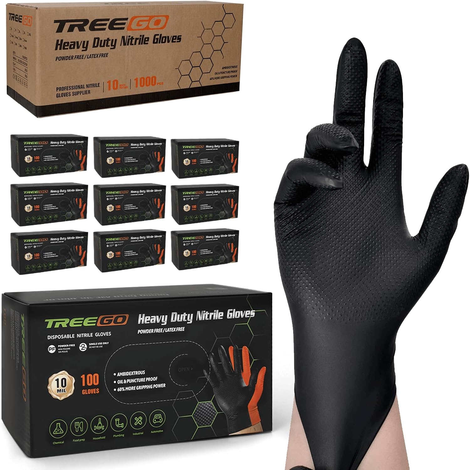 TREEGO 10 Mil Black Nitrile Gloves Bulk Case, 1000 Count X-Large — Heavy Duty Diamond Grip, Latex Free Disposable Gloves for Automotive, Industrial, Construction & Workshop Teams