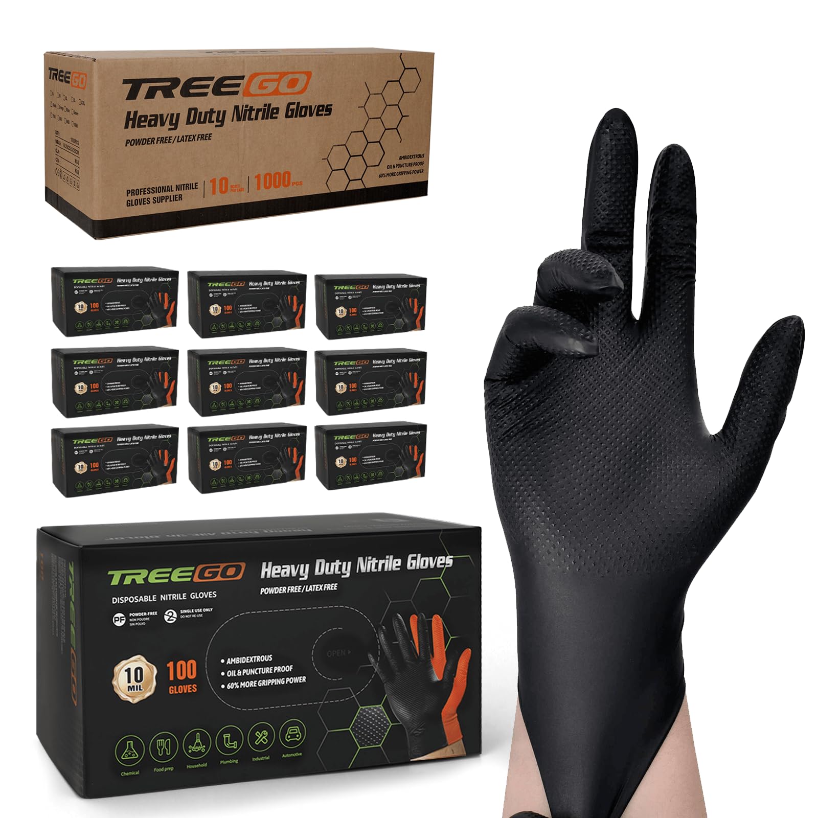 TREEGO Guantes de nitrilo negro de 10 mil, 1000 unidades, medianos, agarre de diamante resistente, guantes desechables sin látex para uso automotriz, industrial, almacén y tienda