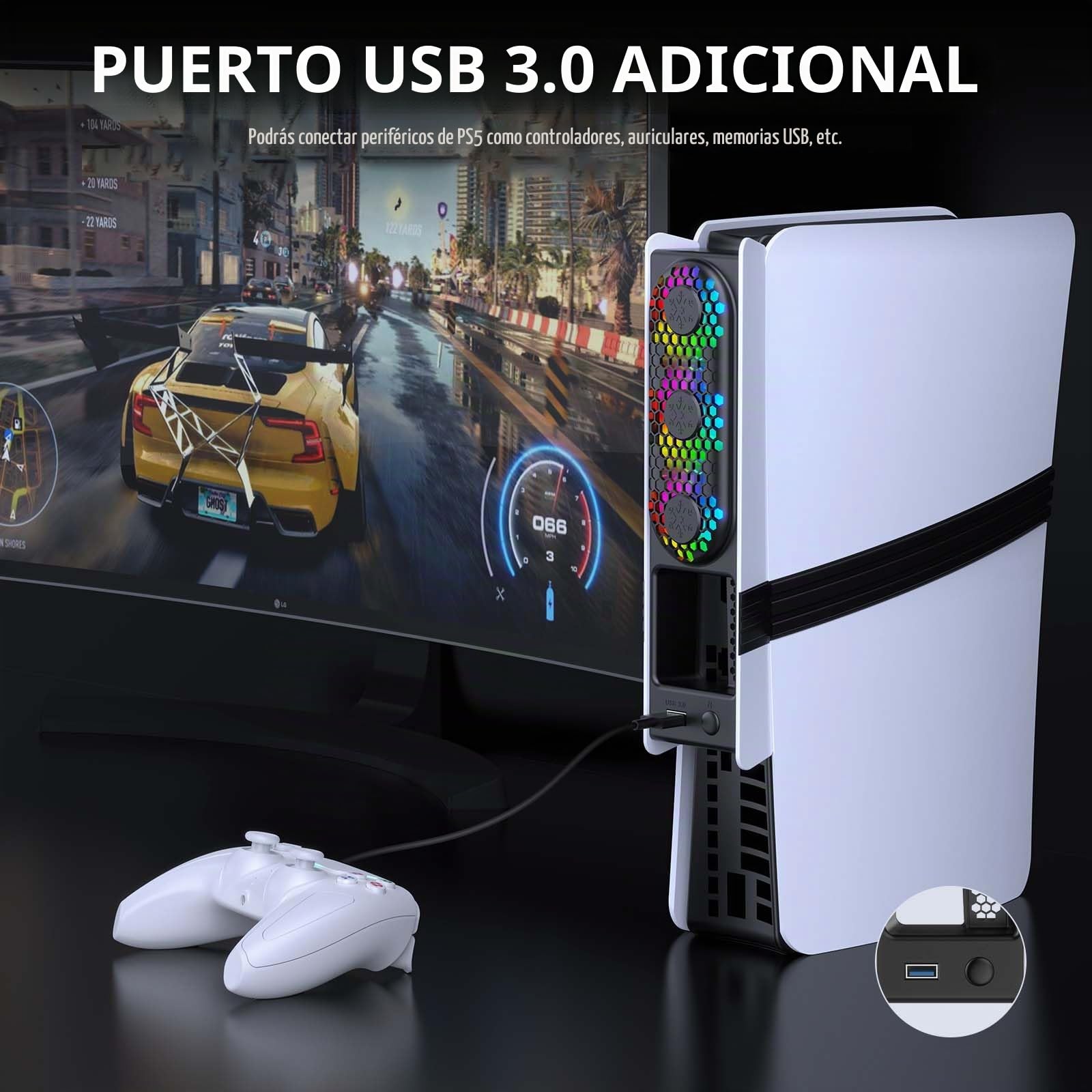 Ventilador para PS5 Slim/ PS5 Pro, Ventilador de Refrigeración para PS5 Pro/ PS5 Slim con luz LED & Detección automática de temperatura, Refrigeracion para PS5 Pro/Slim Disc y Digital Ediciones