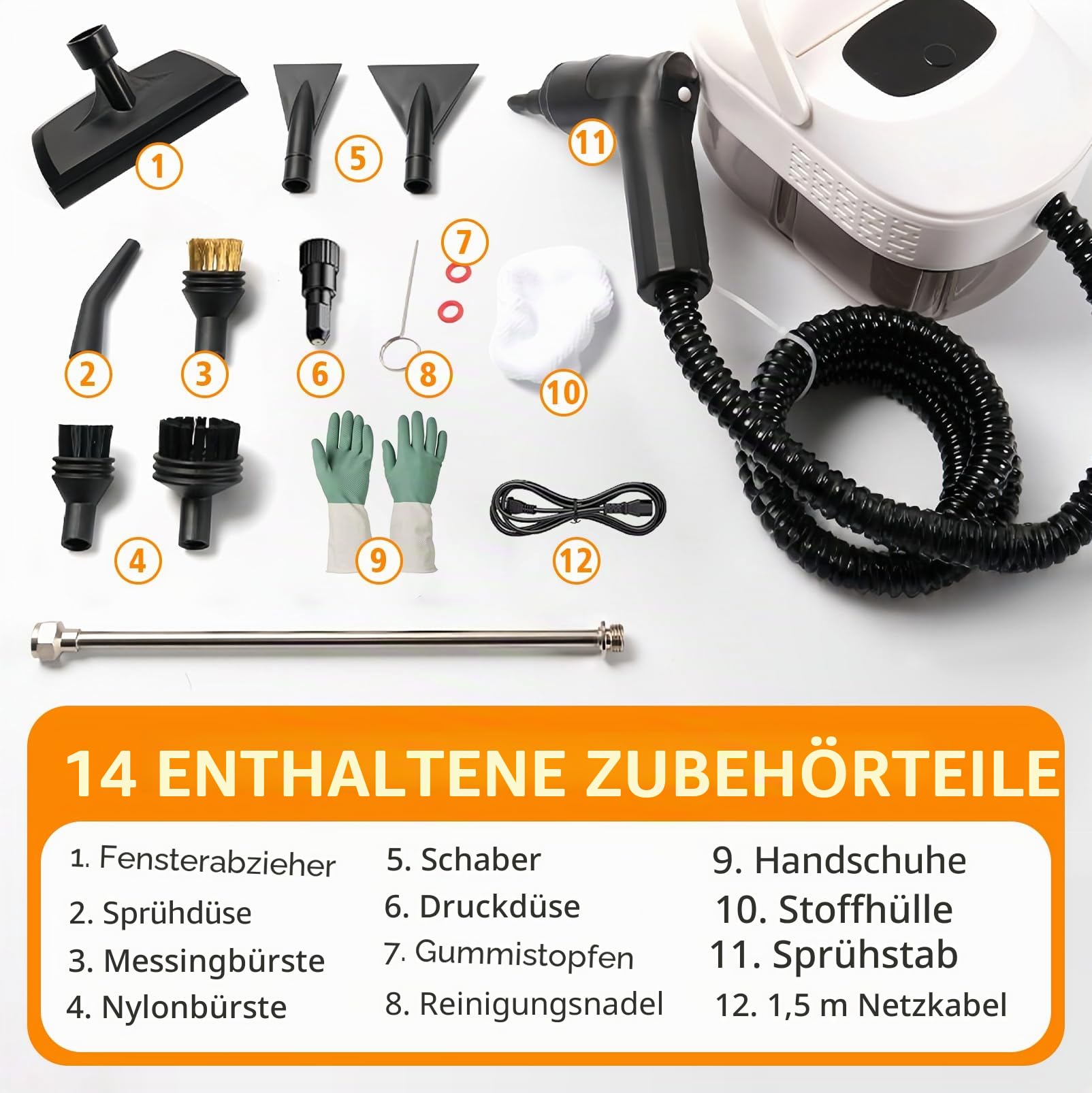 Dampfreiniger Handgerät, Dampfreiniger für Haushalt und Auto, 3 Dampfstufen | am Griff einstellbar, 15 Sekunden Aufheizzeit, 1600 ml Tank, Handdampfreiniger für Autos, Steam Cleaner für Boden