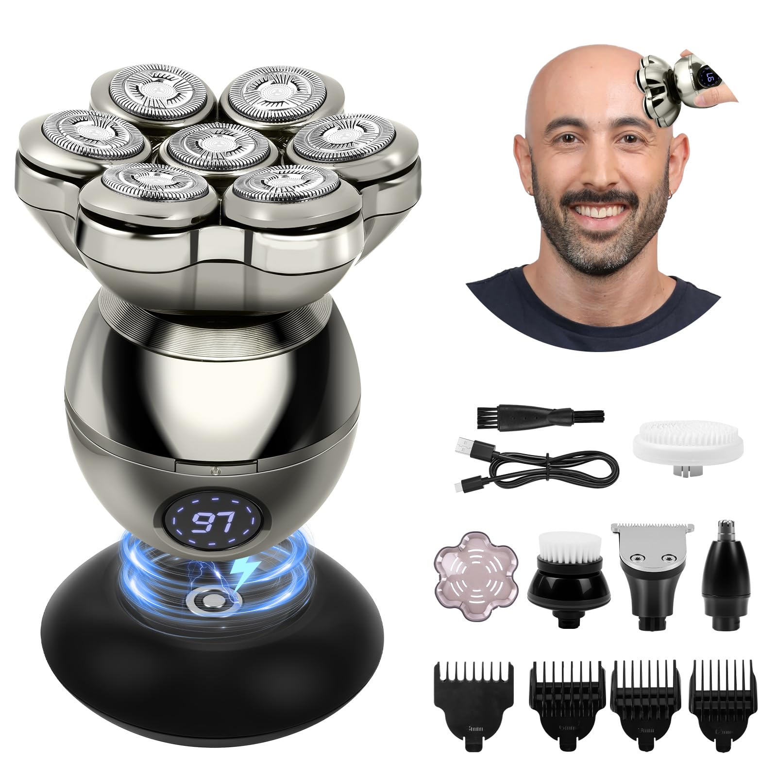 LOPHE 5 en 1 Rasoir Tete Chauve Homme, 7D Rasoir Électrique, Équipé de 7 Têtes de Coupe Flottantes, Type-C Tondeuse Crane Chauve Sans Fil, Sec Étanche IPX6, pour Hommes Chauves Avec Écran LED, A