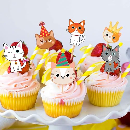 Miniatura 6 de 25 piezas de decoración de pastel de cumpleaños con temática de gatos y gatos, suministros de fiesta, regalos de decoración para niñas, niños,