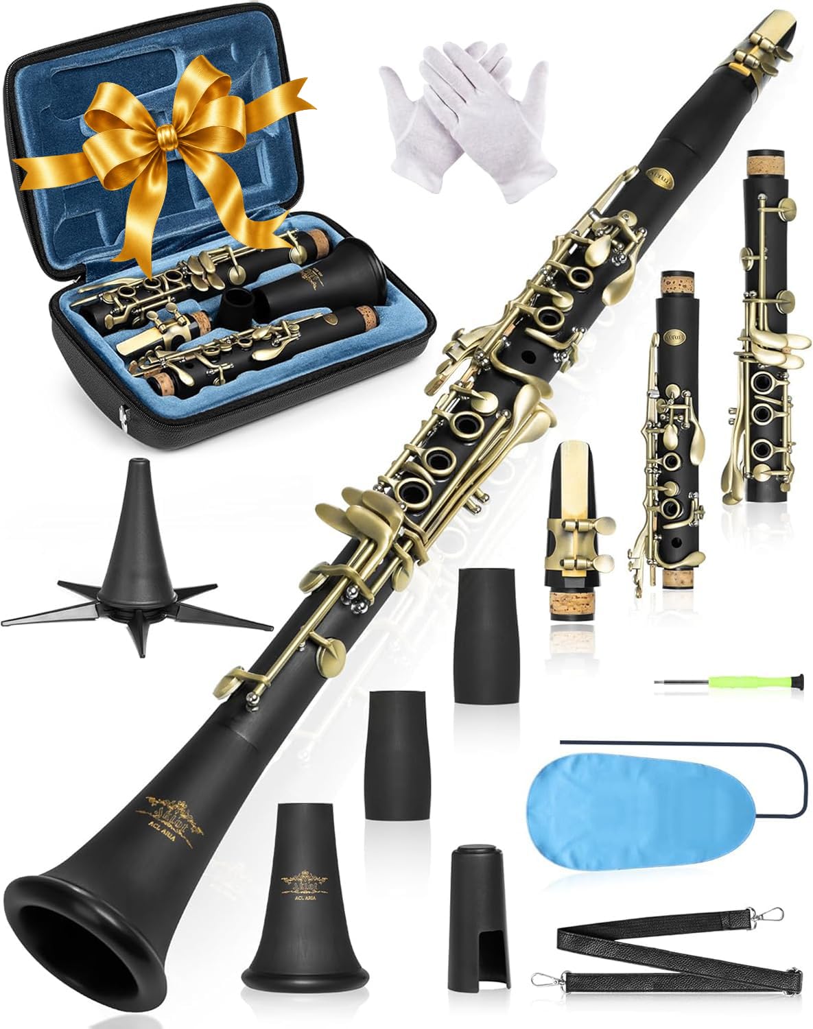 AKLOT B Flat Concert Clarinet: Precision Tone Hole Design for Stable Intonation, Durable Ancient Bronze-Style Keys, Including Leather Hard Case, Barrel, Stand, Full Cleaning Kit (Aria-ABV)
