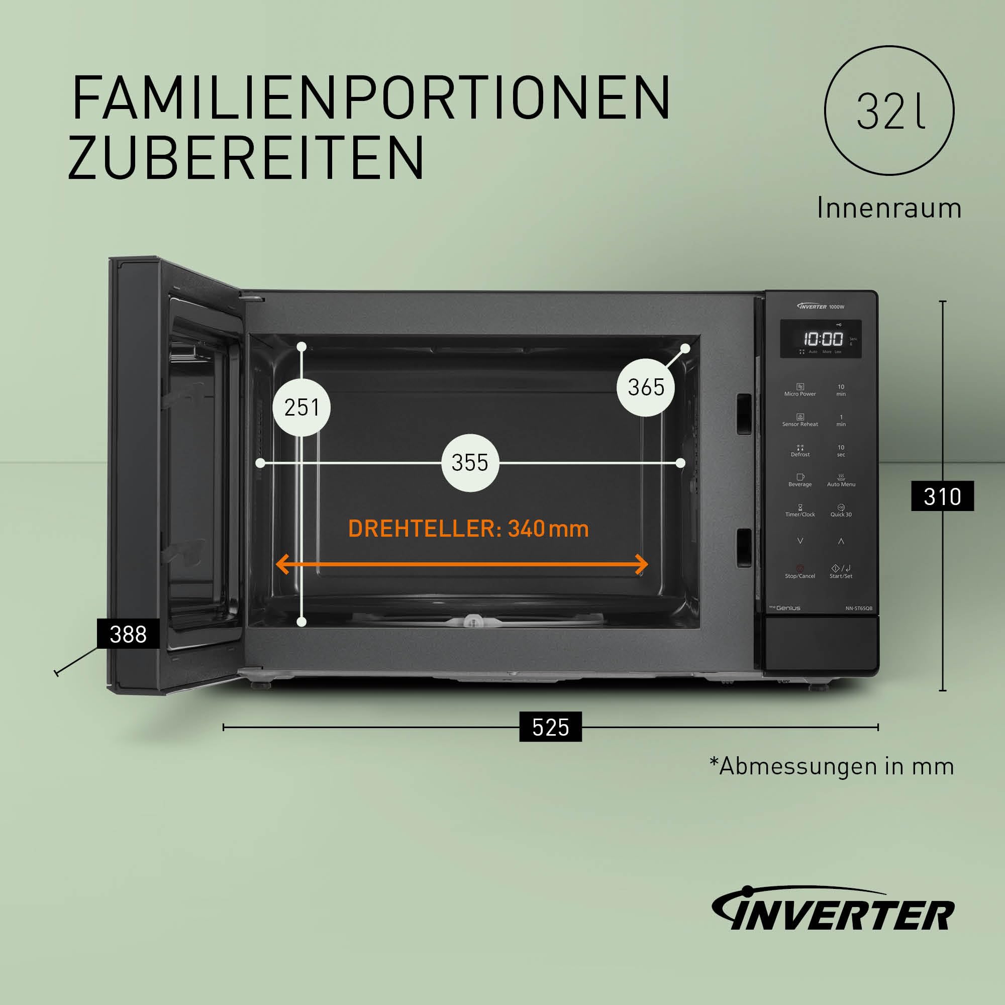 Panasonic NN-ST65QBEPG 32L Inverter Solo Mikrowelle, 1000 Watt Leistung, Genius Sensor Technologie, 20 Automatikprogramme, Quick 30 Funktion, Touch-Bedienung, Großer Drehteller, Schwarz