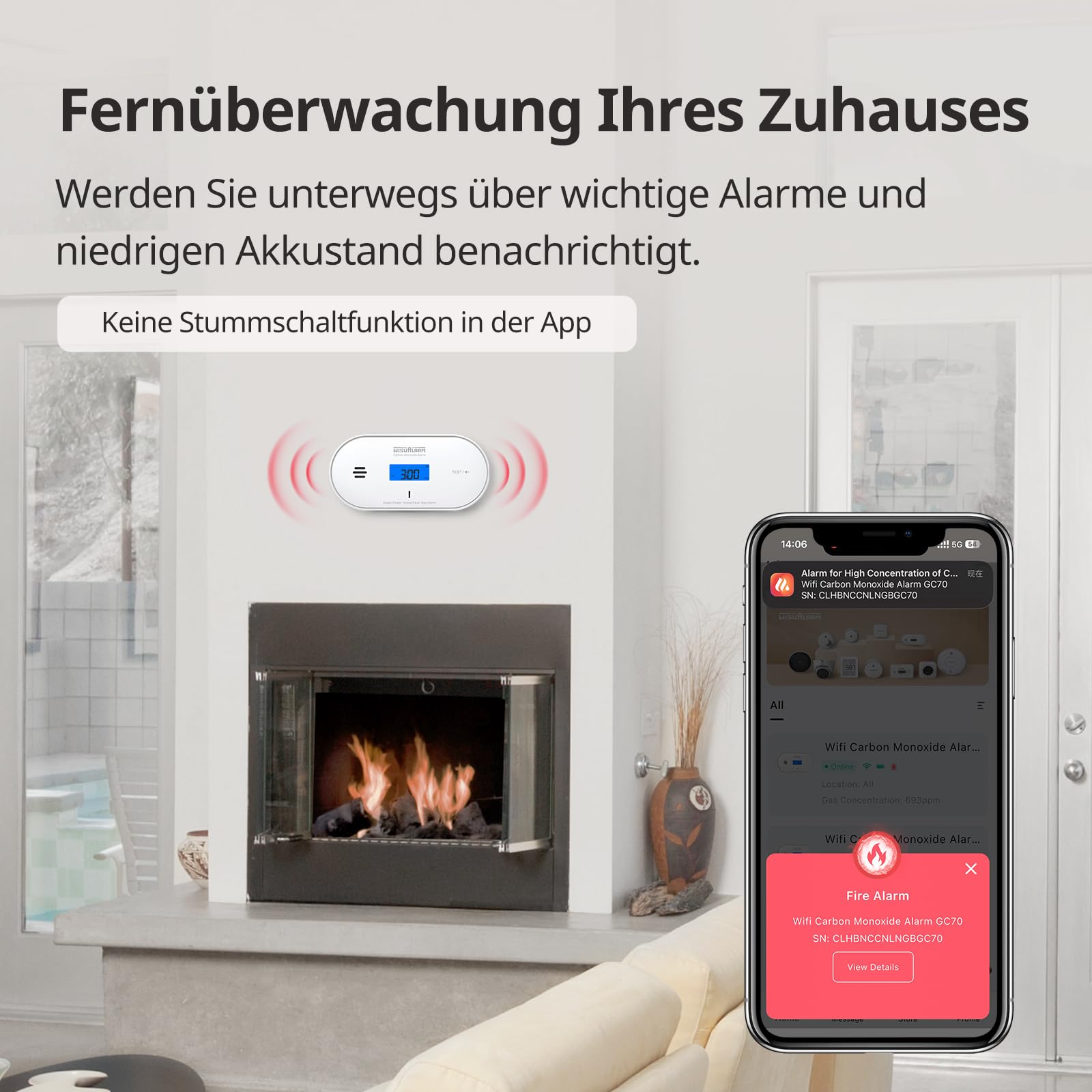 Wisualarm WLAN-Kohlenmonoxidmelder, 3-in-1-Alarm mit Feuchtigkeits- und Temperaturerkennung, LCD-Display, App-Benachrichtigung, CO-Alarm mit versiegelter Batterie, entspricht EN 50291