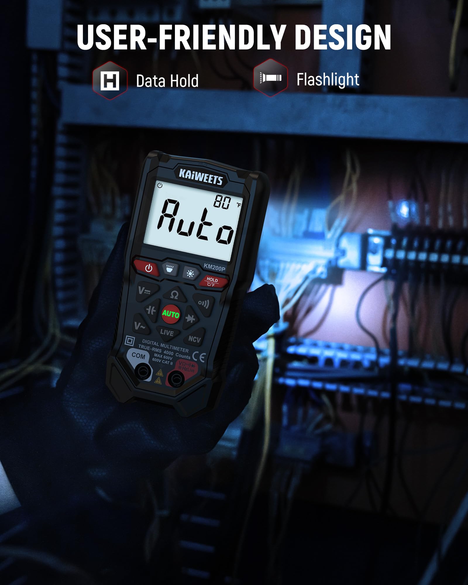 Multimetro Digitale 4000 Conteggi KAIWEETS, Voltmetro Intelligente con Gamma Automatica, Operato a Pulsanti con Test NCV e Filo Sotto Tensione, Tester Tensione CA/CC per Fai Da Te Elettrico