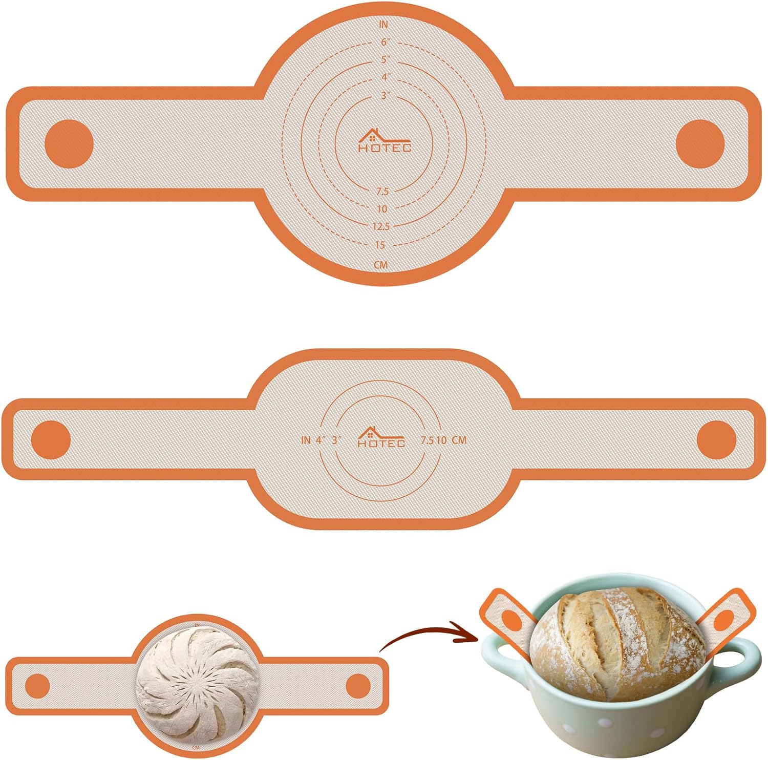 HOTEC Silicone Bread Sling for Dutch Oven - 2 Pack Non-Stick Baking Mat with Long Handle Easy to Transfer Sourdough Bread, Reusable Heat Resistant to 500°F/260°C Dutch Oven Liners Baking Supplies