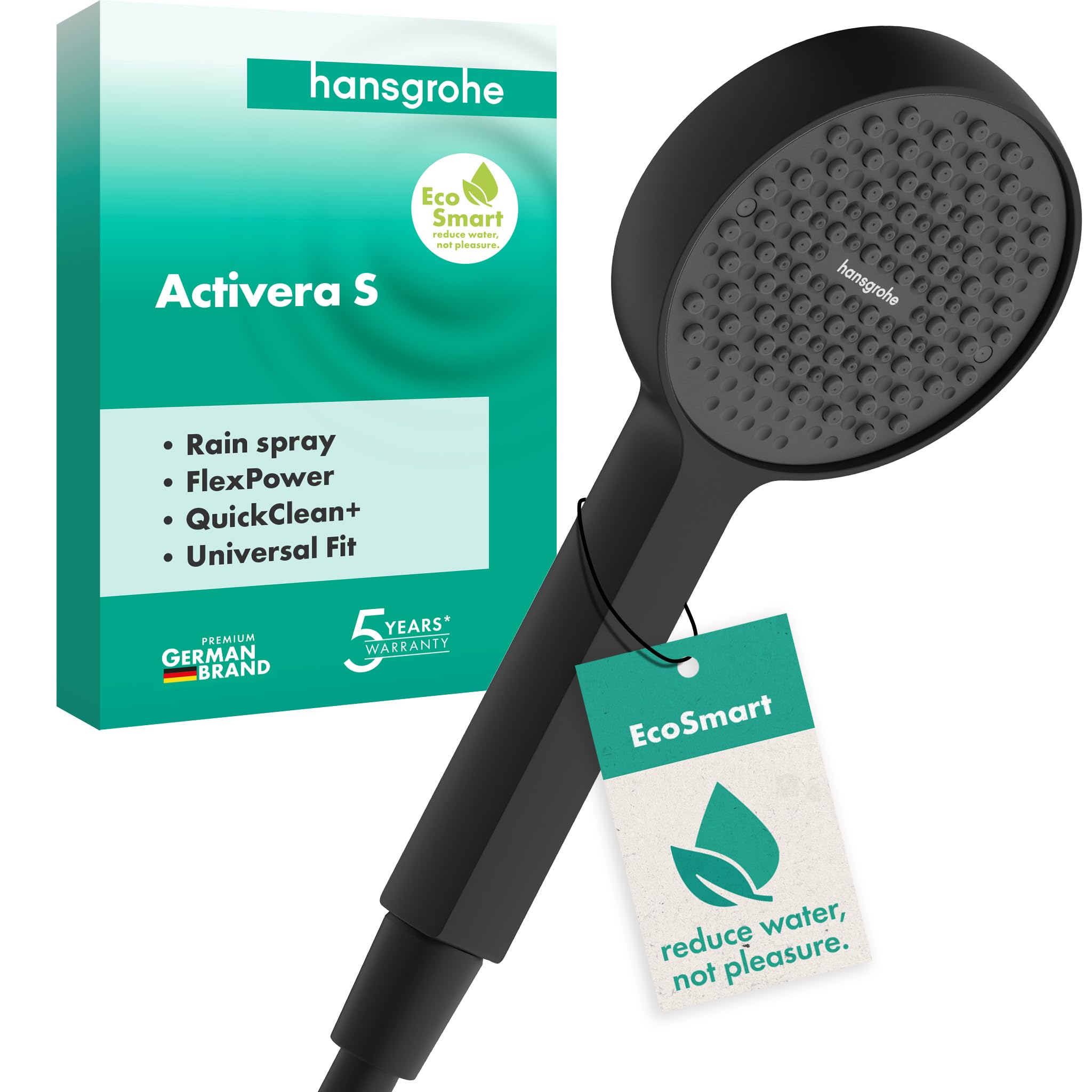 hansgrohe Activera S - Water-Saving Shower Head 8 l/min (EcoSmart), Hand Shower Round with 1 Spray, with Anti-limescale Function, matt Black, 28031670
