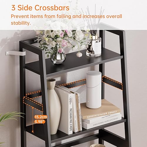 Miniatura 6 de HITNET Estante de escalera negro, estantería de 4 niveles, estante de almacenamiento de baño independiente con marco de bambú, soporte de exhibición