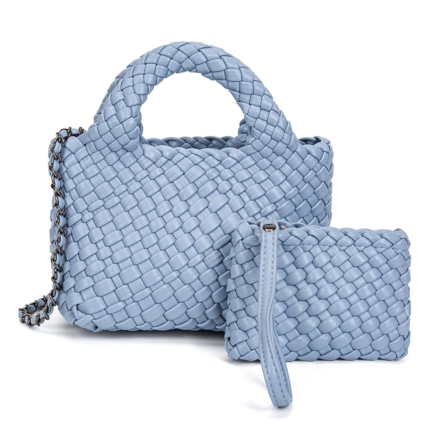 Mini Women's Handmade Woven Tote with Small Wallet Small Size Fashion Bright Color Vegan Leather Casual Tramp Crossbody Bag