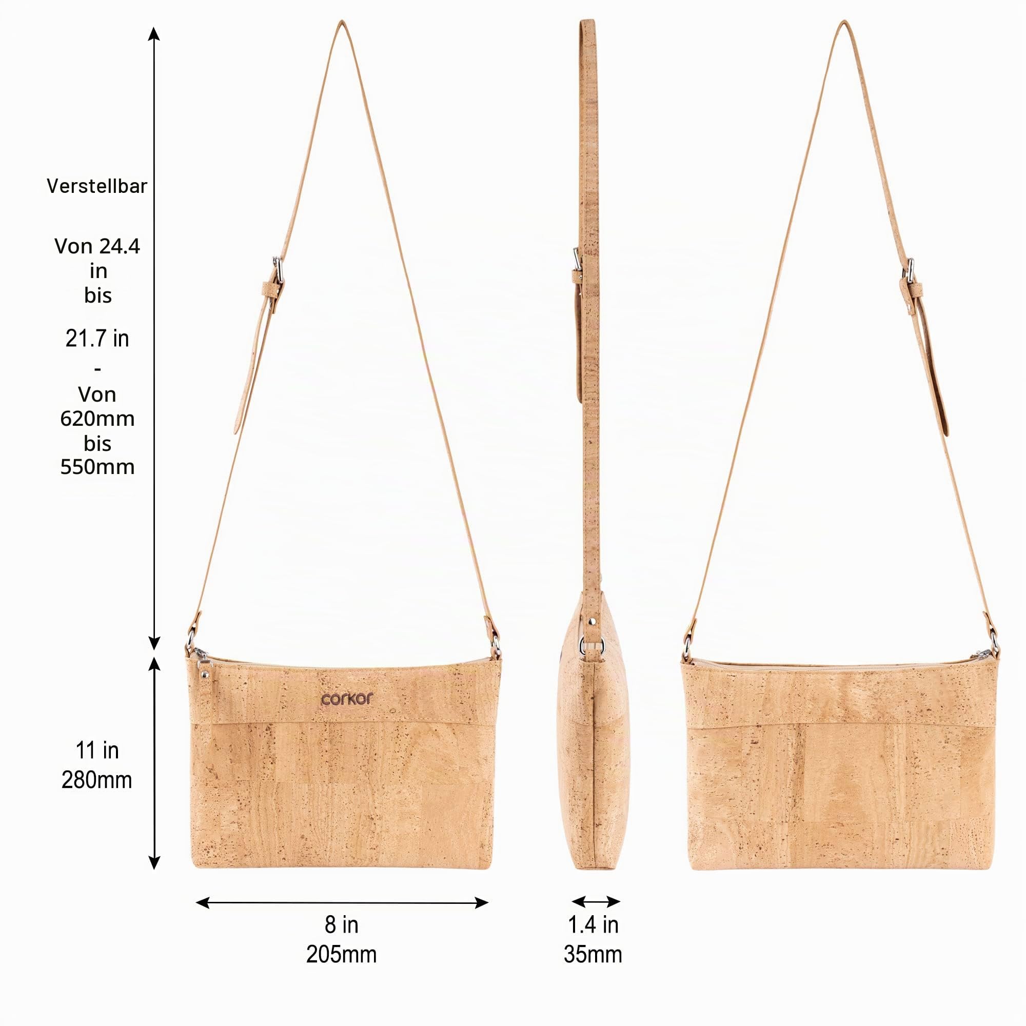 Corkor Vegane Umhängetasche Damen Geldbeutel Schultertaschen Handtasche Schulter Natur-Leder Natur Korkleder