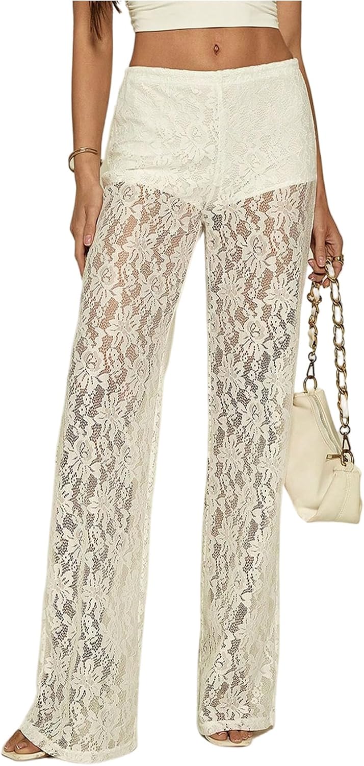 GORGLITTER Women's Lace Pants Sheer Mesh Wide Leg Pants See Through High Waist Going Out Grunge Trousers