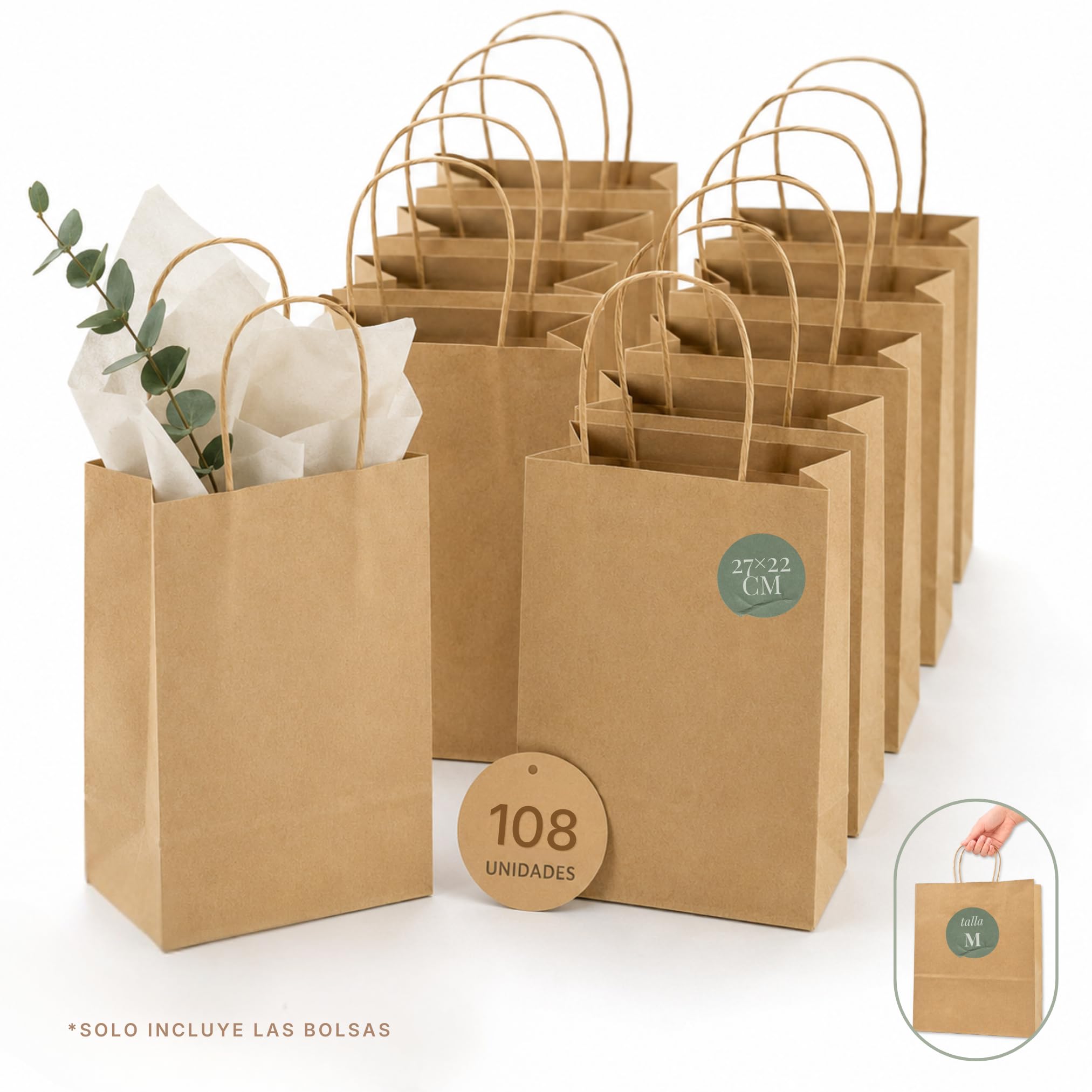 Bolsas Papel Kraft con Asas - Set 108 Unidades - 27 x 22 x 11 cm
