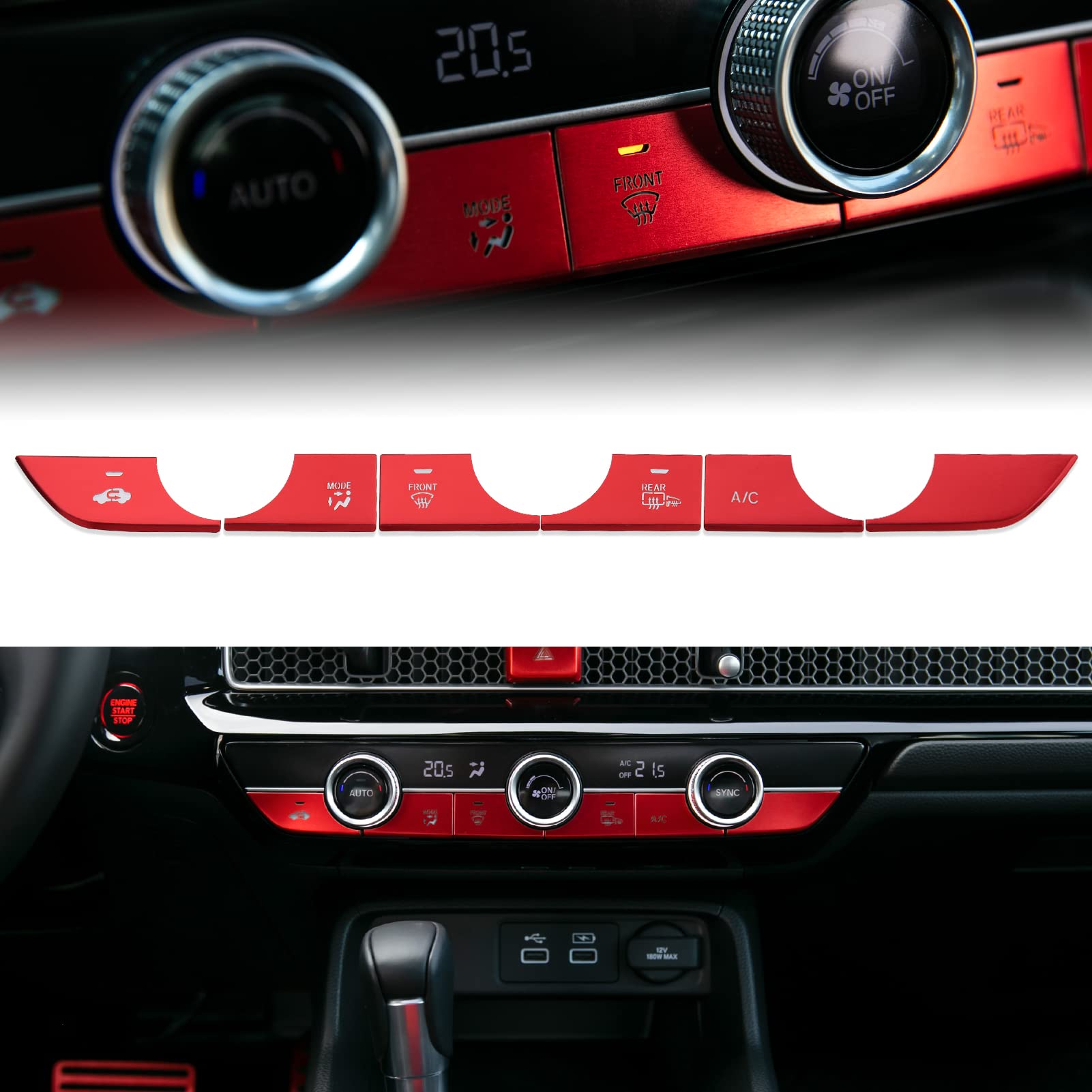 Thenice for 11th Gen Civic Center Console Panel A/C Control Button Cover Trims 6PCS Aluminium Alloy Interior Decoration for Honda Civic 2022 2023 2024 Sedan Hatchback EX EX-L Touring -Red
