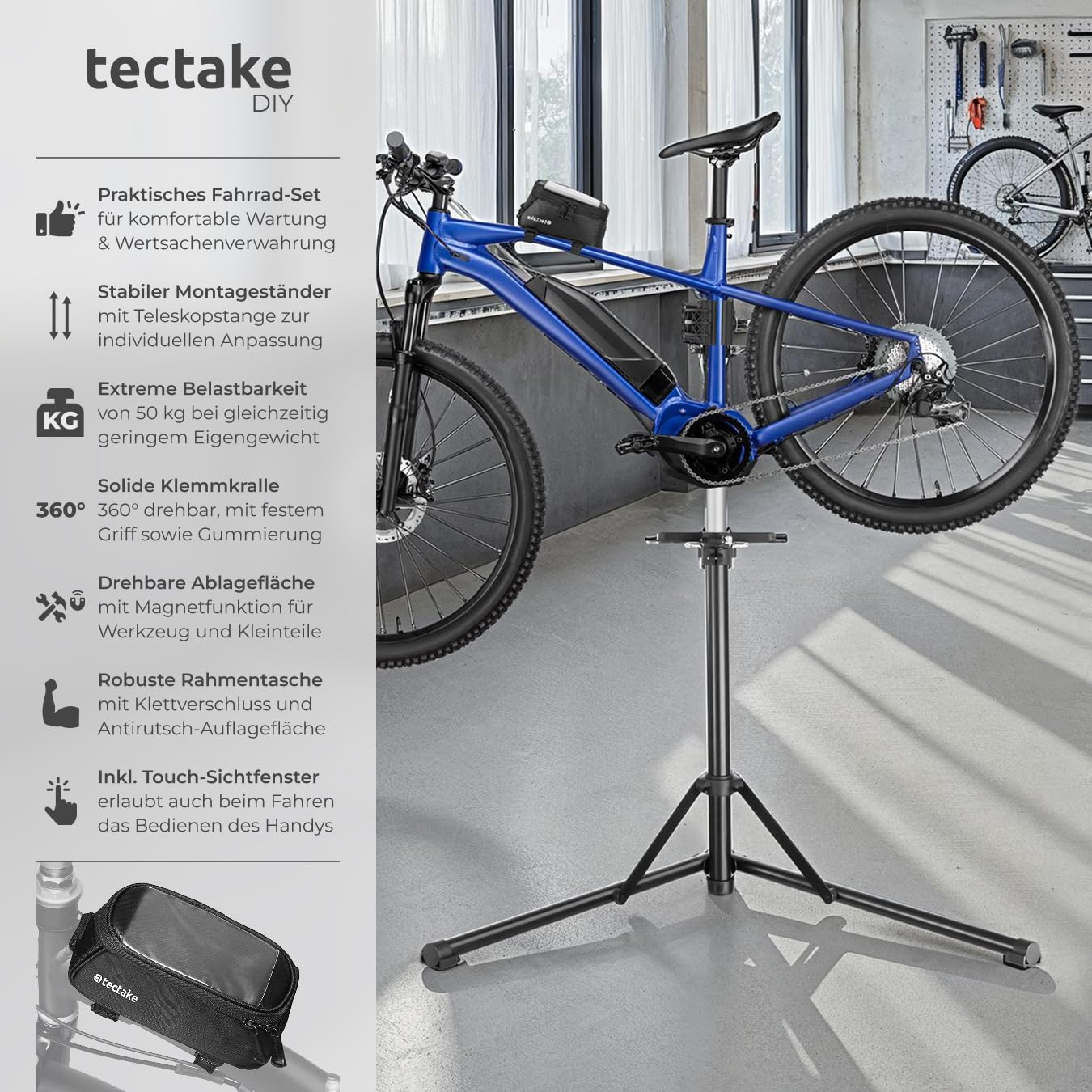tectake® Fahrrad Set aus Rahmentasche inkl. Touch Fenster und höhenverstellbarem, klappbarem und drehbarem Reparaturständer, für Fahrrad, e Bike, Rennrad, Belastbarkeit bis 50kg - Typ 2