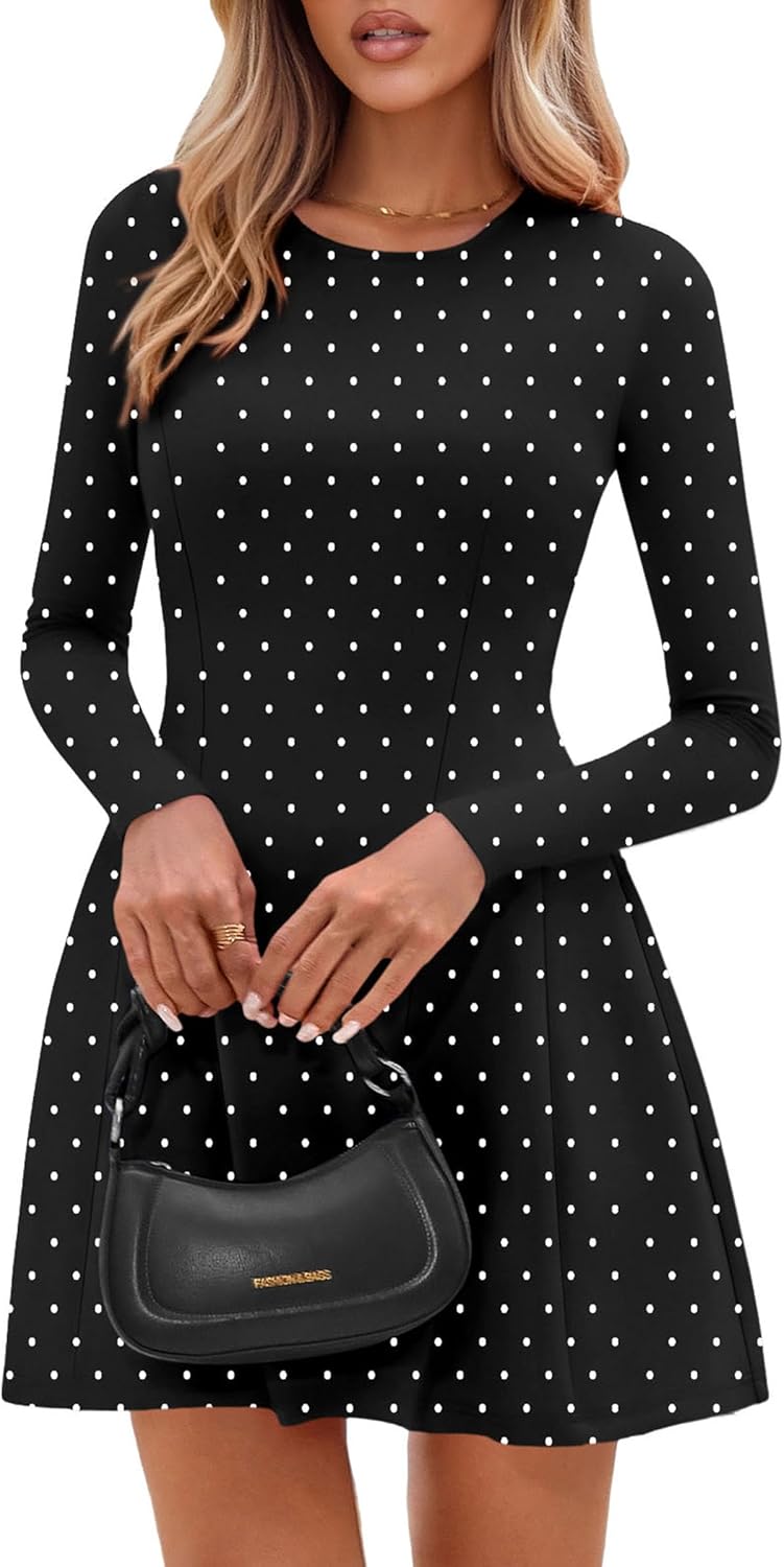 PRETTYGARDEN Long Sleeve Mini Dress for Women 2026 Spring Crewneck Knit Pleated Babydoll A Line Casual Short Party Dresses - Image 2