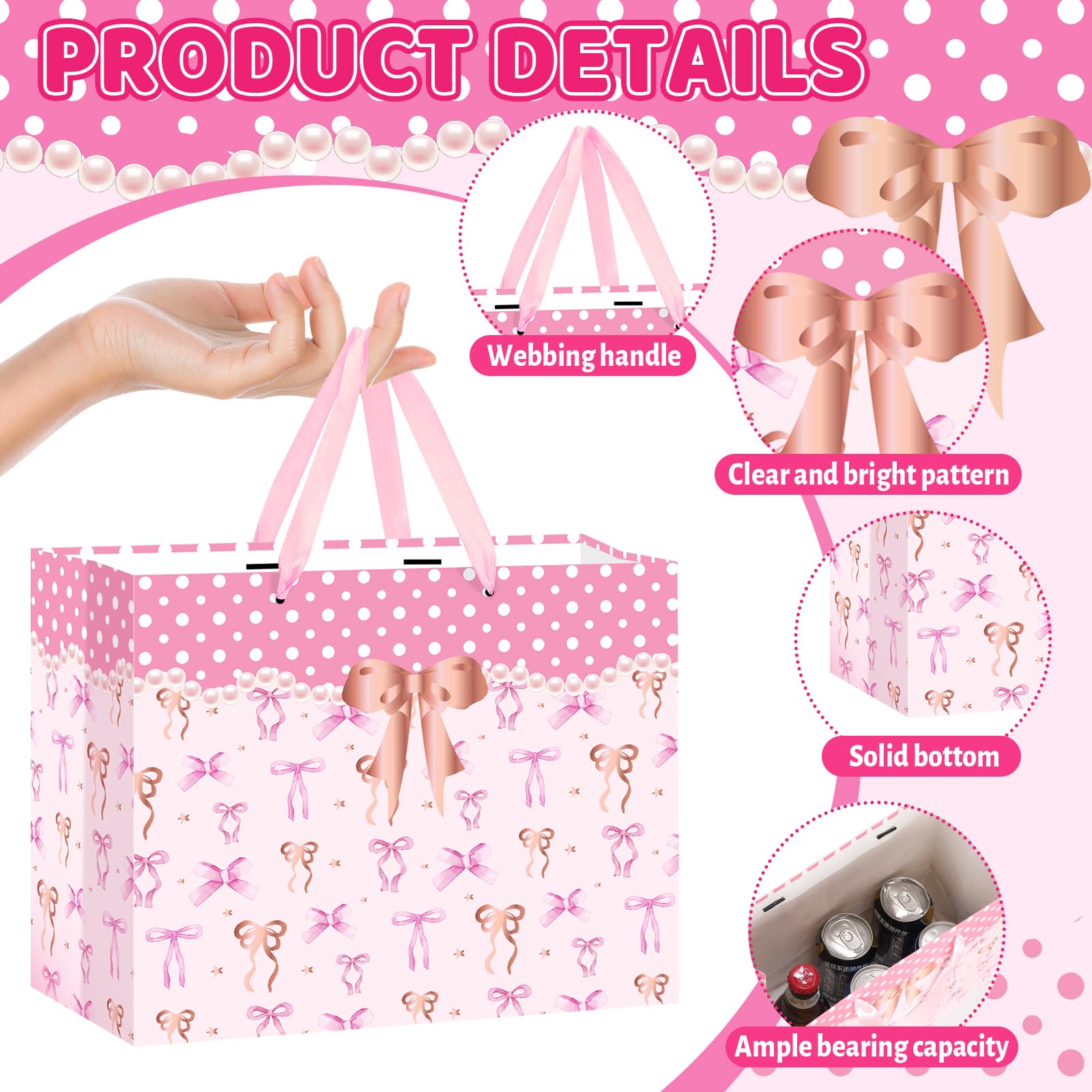 Neptniopllab Bow Birthday Gift Bag,Pink Bow Wrapping Paper Gift Bag BowKnot Party Decoration with Card and Tissue Paper for Women Birthday Valentine's Day Wedding Baby Shower Party Supplies