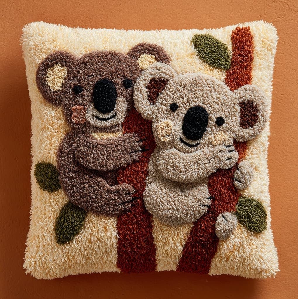 WallustrioaW Latch Hook Cushion Kits for Adults,Two Koalas,Latch Hook Pillow Case Kits Handmade Kids Parents Gift,17x17in