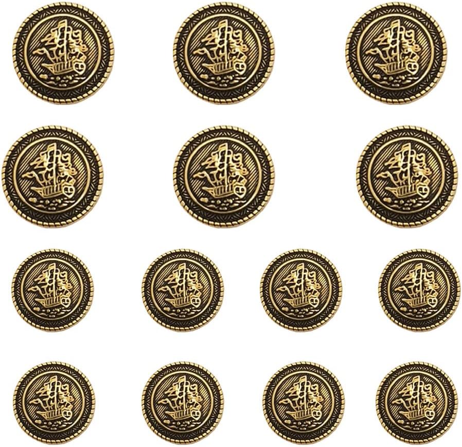 14 Pieces Old Gold Button Vintage Antique Metal Buttons Set 15mm 20mm for Blazers, Suits, Sport Coats, Uniform, Jackets (MBM29)