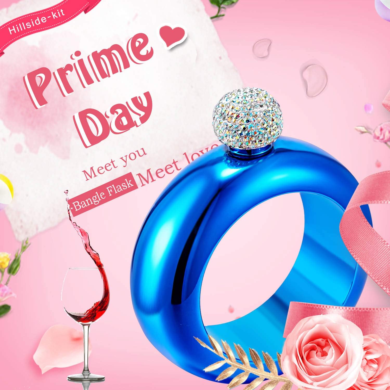  | Hillside-Kit Flask Bangle Bracelet- AB Crystal Lid Creative 304 Stainless Steel Wine Alcohol Liquor Flask bracelet for Women Girls Party Hidden Flask Set 3.5OZ -2PCS: Flasks