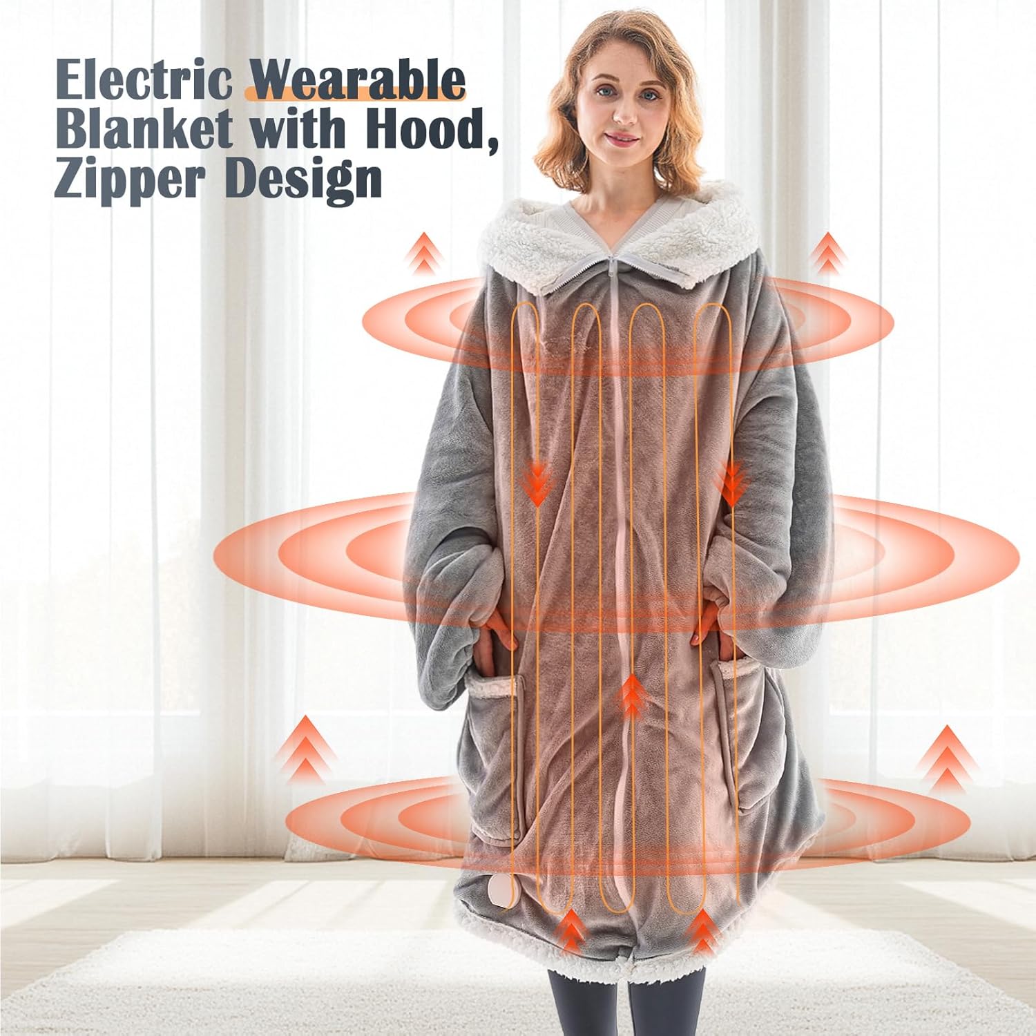 Wearable Heated Blanket with Zipper Design, Electric Wearable Throw Blanket with Sleeves, Hood, Heated Hoodie Blanket, Wearable Electric Blanket with 8 Heating Levels, 1-10H Auto-off Settings, 43*60" - Image 6