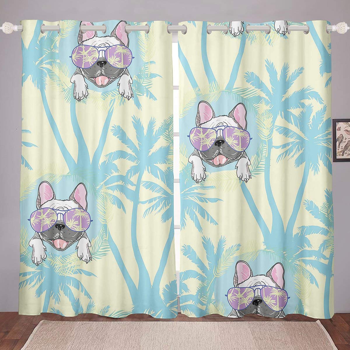 Coppia di tende per cani,con di palme,per camera da letto,adulti,giovani,cani,hawaiani,finestre,per animali domestici,decorazioni per finestre,W66 x L90