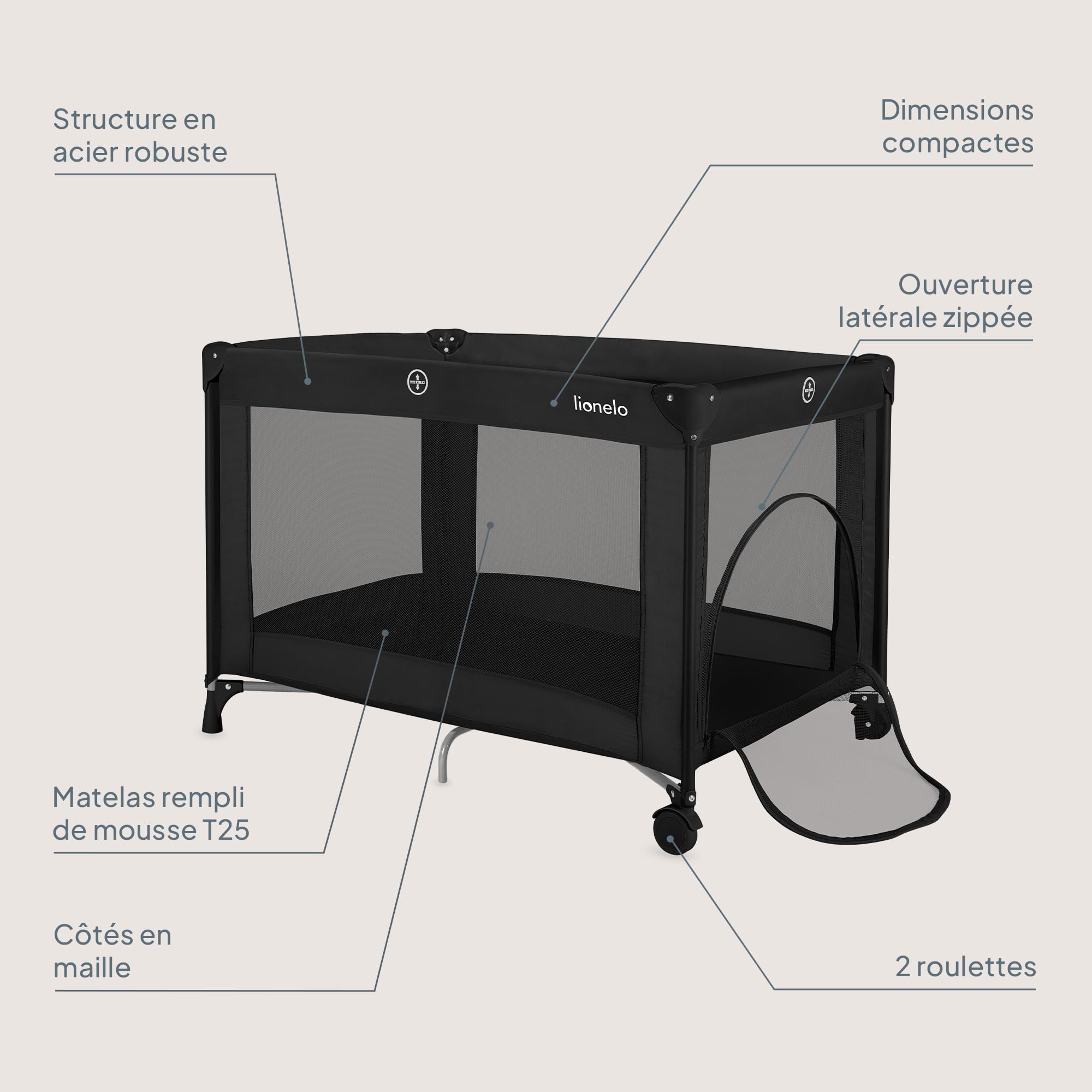 Lionelo Lit de Voyage pour Bébé Amelie de la Naissance à 15 kg, Petit, Pliable, Matelas Pliable Moelleux, 100,5x70,5 cm, 2 Roues, Entrée Latérale, Sac de Transport (Black) | Matelas pliable souple, 100,5 x 70,5 cm, 2 roues, entrée latérale, sac de voyage