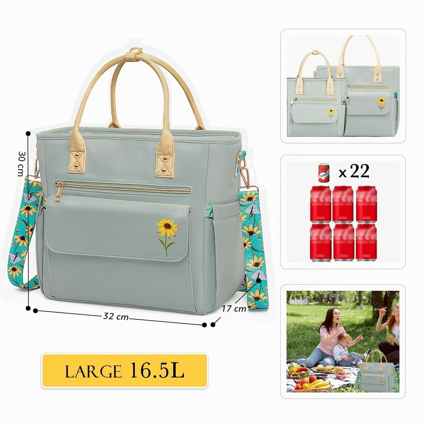 Hihealer Deluxe Lunch Tasche Damen mit Seltenem Blumenmuster - Große Auslaufsichere Isolierte Kühltasche mit Mehreren Taschen und Abnehmbarem Gurt für Arbeit/Picknick Weihnachtsgeschenke für Frauen
