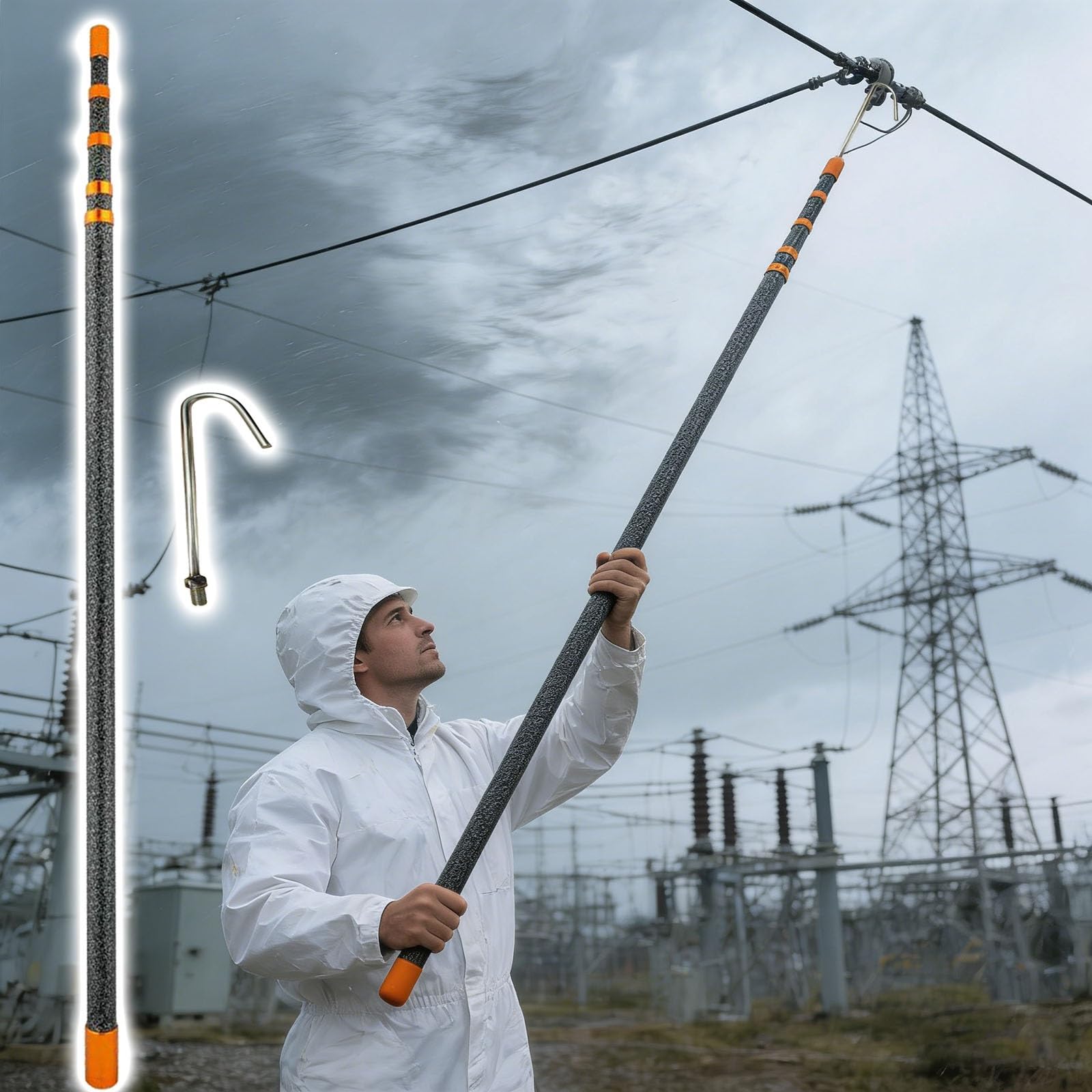 Barra telescópica de soporte de alambre aislado de fibra de vidrio de 45 KV, sistema de soporte de cable eléctrico duradero con gancho y ojal, herramienta antielectrocución