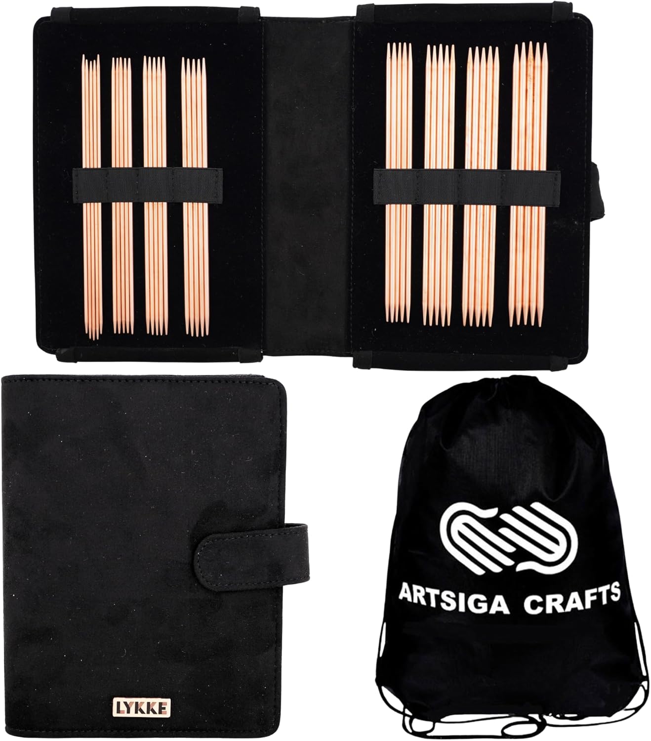 Lykke Cypra 6 in. Small Set US Sizes 0, 1, 1.5, 2, 2.5, 3, 4, 5 DPN Double Point Knitting Needles for Fingering, Sock, Baby, Sport, DK Yarn, Copper with Black VS Case, Project Bag