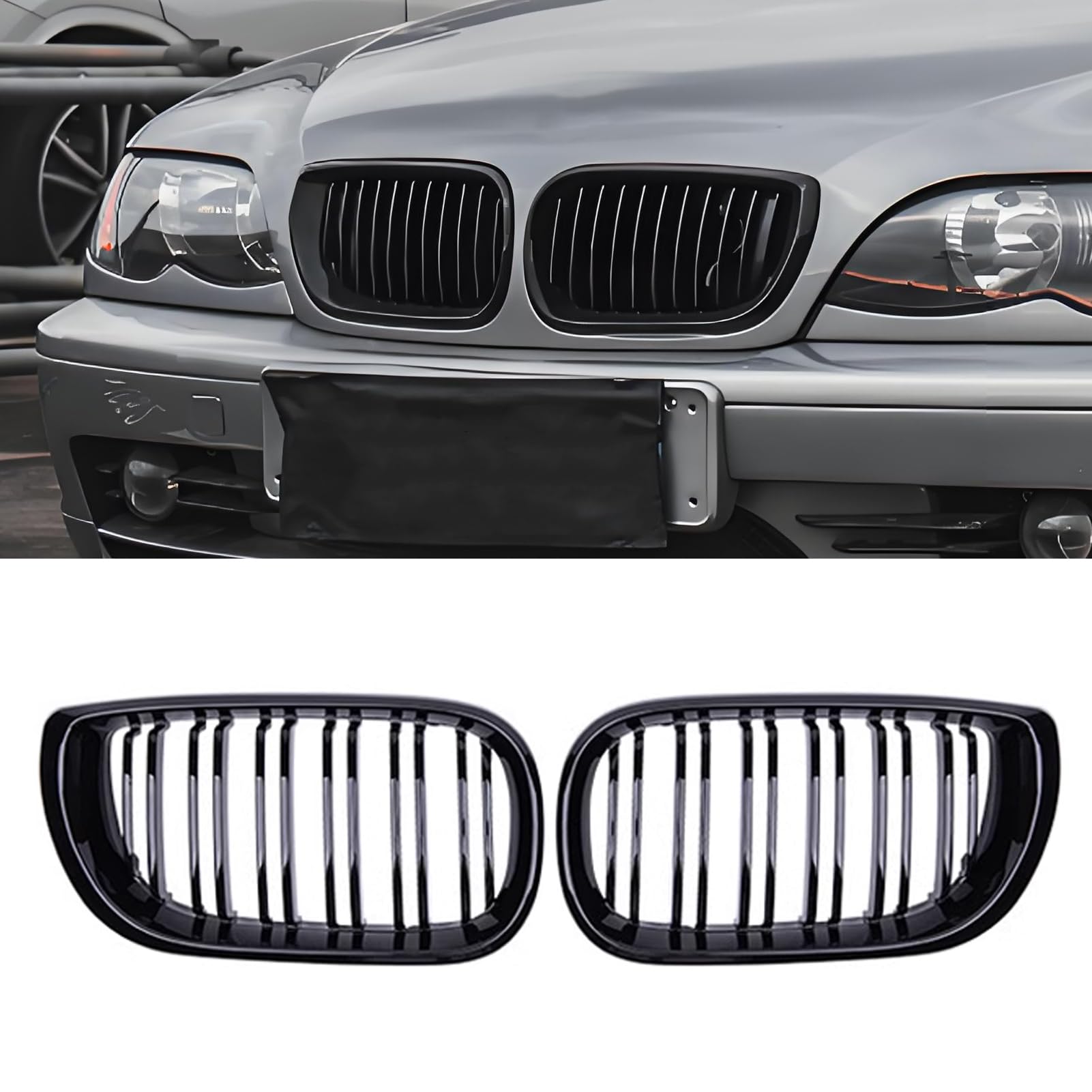 2 PCS Kompatibel mit BMW 3er E46 LCI Nieren Schwarz 2002-2005 Kühlergrill 4 Door 4D，Kühlergrill Streifen für 3er E46 318i 320i 325i 330i Radiator Grille- Schwarz