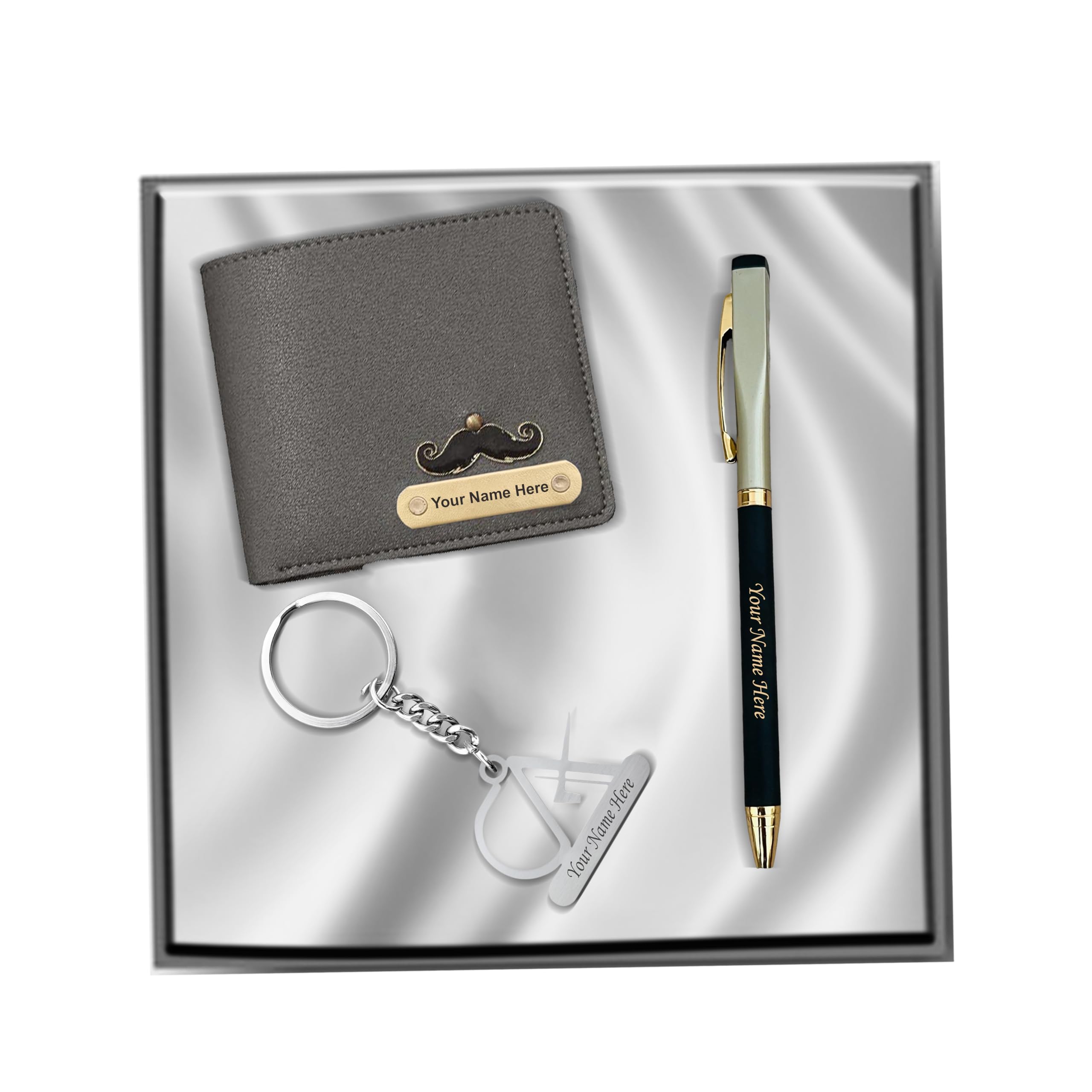Personalized Pen, Stainless Steel Symbol Keychain and Leather Men's wallet Combo with Charm and Your Name Engraved. Best Gift Combo for Him. Men's Professional Gift Box.-image-10