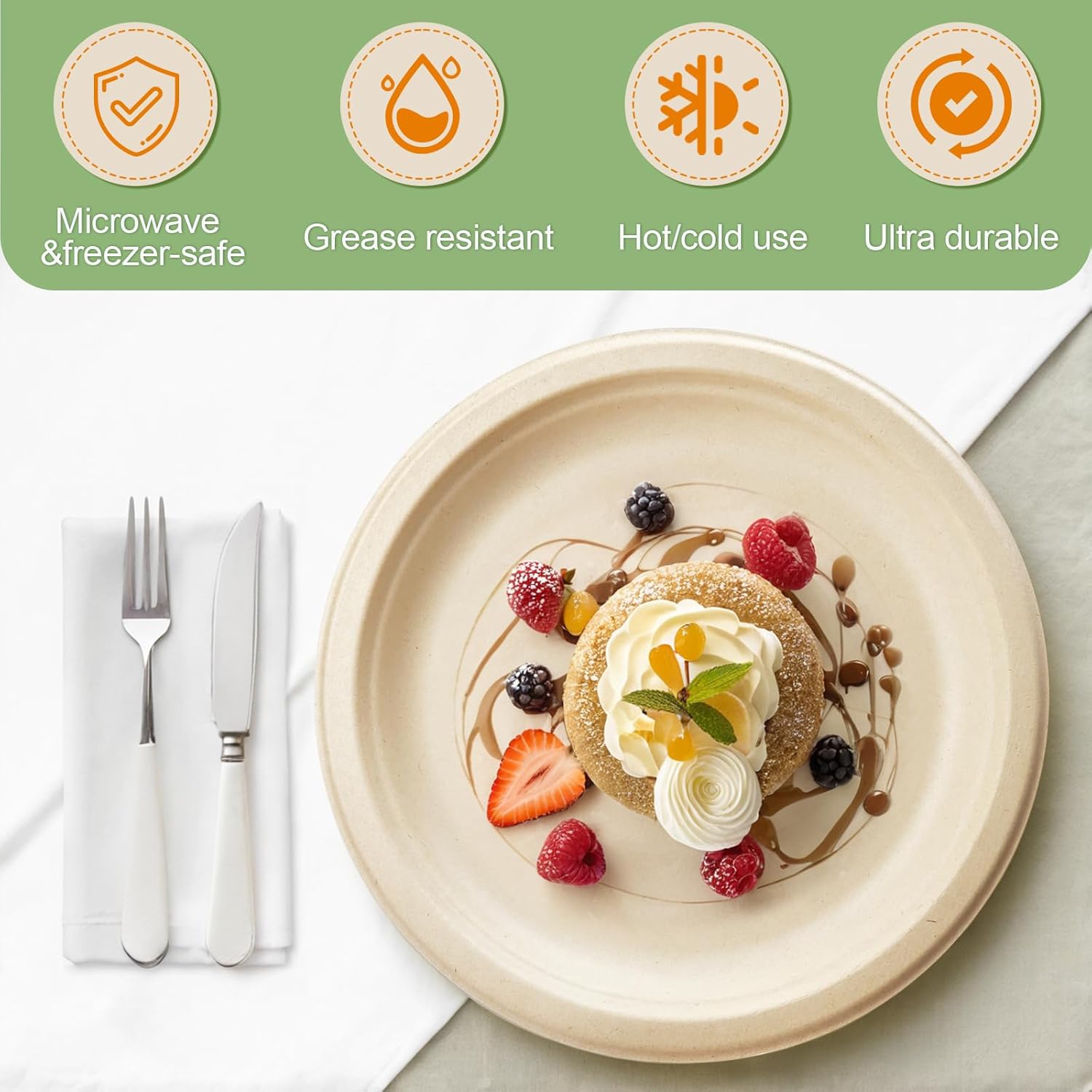 Paper Plates, Compostable Heavy Duty Disposable 9 Inch Plates - Eco-Friendly, Biodegradable Sugarcane Bagasse, Natural Unbleached Brown 9" Dinner Paper Plate Disposable (9inc-200Pack)